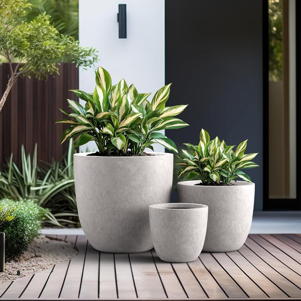 Kante 18',14',10' Dia Concrete Round Planters (Set of 3), Outdoor Indoor Large Planter Pots with Drainage Hole and Rubber Plug for Home Patio Garden, Light Gray