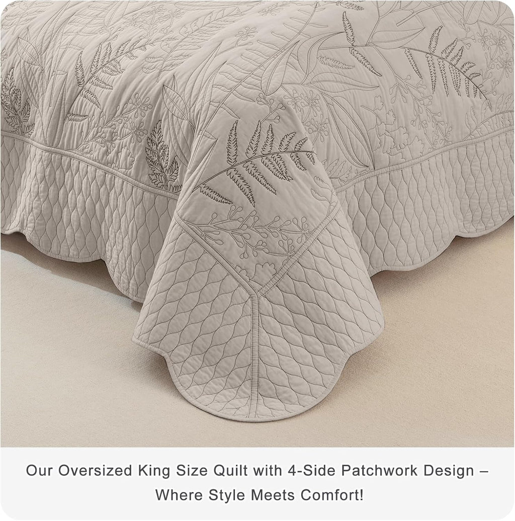 Lady Ann Oversized King Bedspread 128x120, Leaves Pattern Stitching Printed Quilt Set Soft & Lightweight Linen Feel Quilted Coverlet, 3 Pcs Extra Large Botanical Bedding Sets