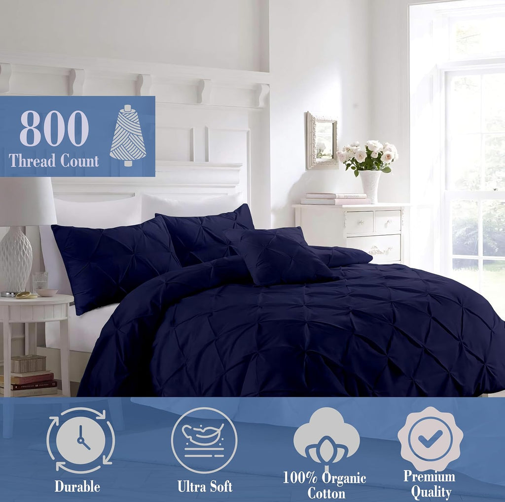 Luxury Navy Blue Pinch Pleated Pintuck Duvet Cover Set Oversized King Plus 120'x128' Size Egyptian Cotton Luxury Soft & Breathable Comforter Cover with Corner Ties & Zipper Closure