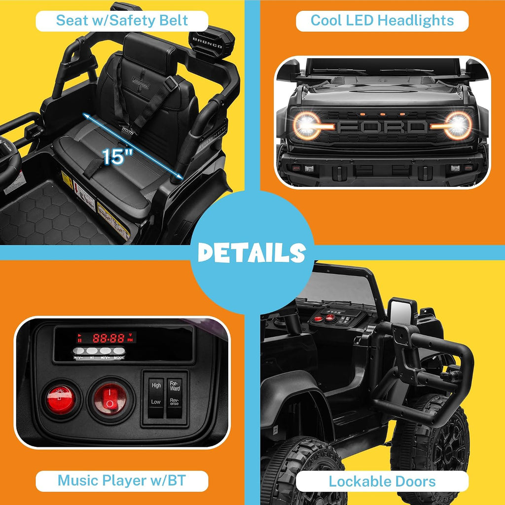 ENYOPRO 12V Licensed Ford Bronco Raptor Ride on Car for Kids, Battery Powered Electric Car for Toddlers w/Remote Control, Spring Suspension, Seat Belt, Bluetooth, Horn, LED Lights, Radio (Black)