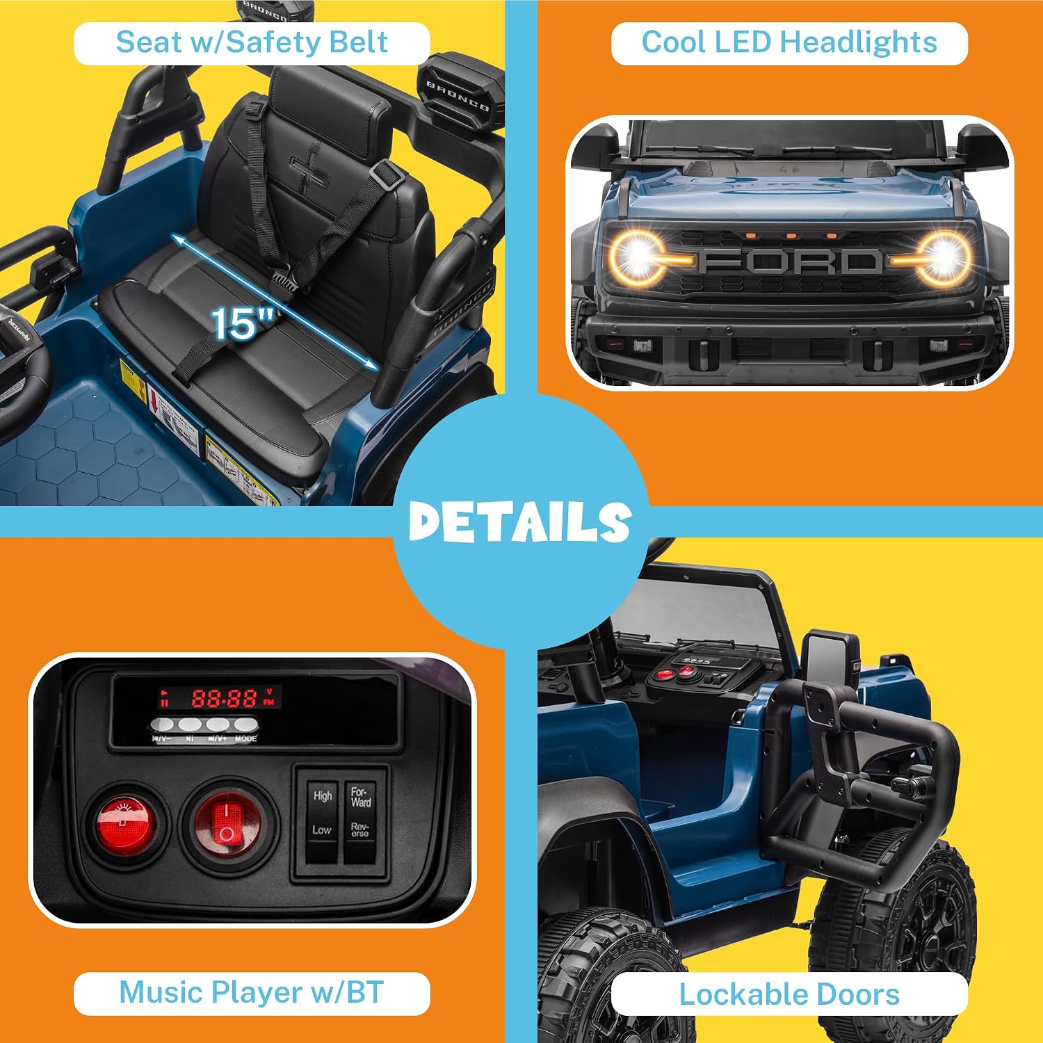 ENYOPRO Licensed Ford Bronco Raptor Electric Ride On Jeep for Kids, 12V Remote Control Ride On Car for Toddlers, Electric Vehicle w/Shock Absorbers, Soft Start, Bluetooth, LED Lights, 2 Speed (Blue)