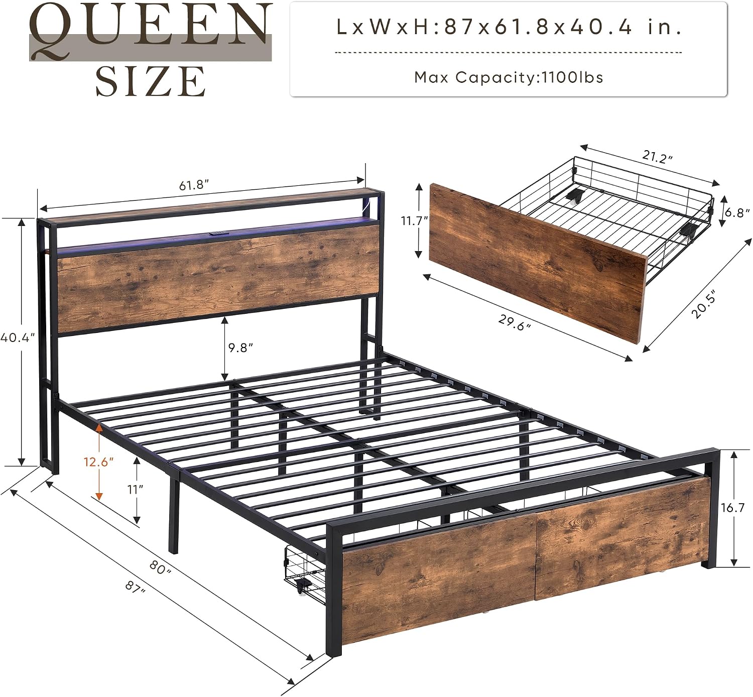 Queen Size Bed Frames with Storage Headboard and Drawers, LED Platform Bed Frame Queen Size, LED Upholstered Bed Frame with Charging Station, No Box Spring Needed, Easy Assembly,Grey