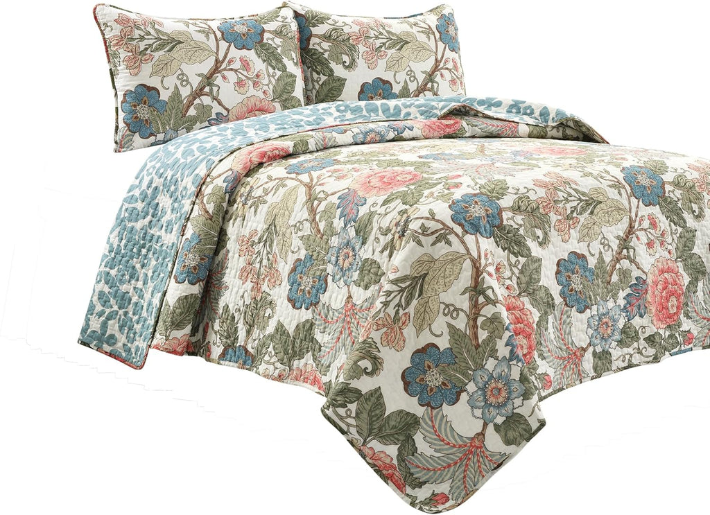 Lush Decor Sydney Floral Comforter Set, 7 Piece Set, Full/Queen, Green & Blue - Fully Styled Bedding Queen Size Comforter Set - Colorful Floral Print - Cottage Core Decor - Coquette Bedding