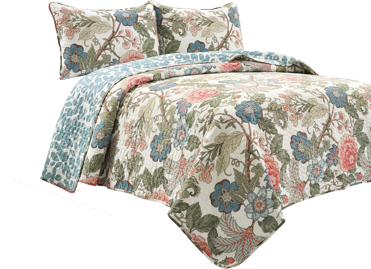 Lush Decor Sydney Floral Comforter Set, 7 Piece Set, Full/Queen, Green & Blue - Fully Styled Bedding Queen Size Comforter Set - Colorful Floral Print - Cottage Core Decor - Coquette Bedding