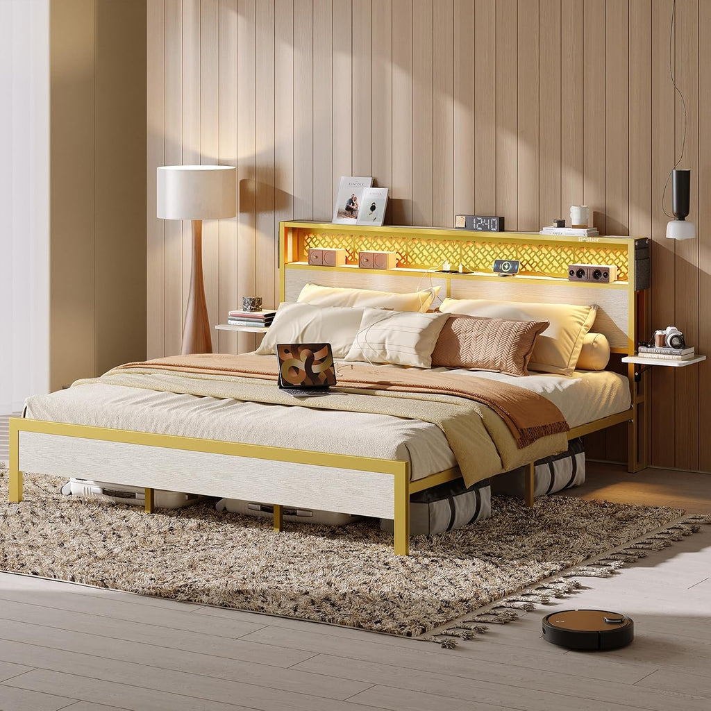 Bestier King Size Bed Frame with Headboard and Foldable Bedside Shelves Storage, LED Platform Bed Frame with Charging Station, Non Slip Metal Bed Frame, Noise Free, Easy Assembly, White Oak