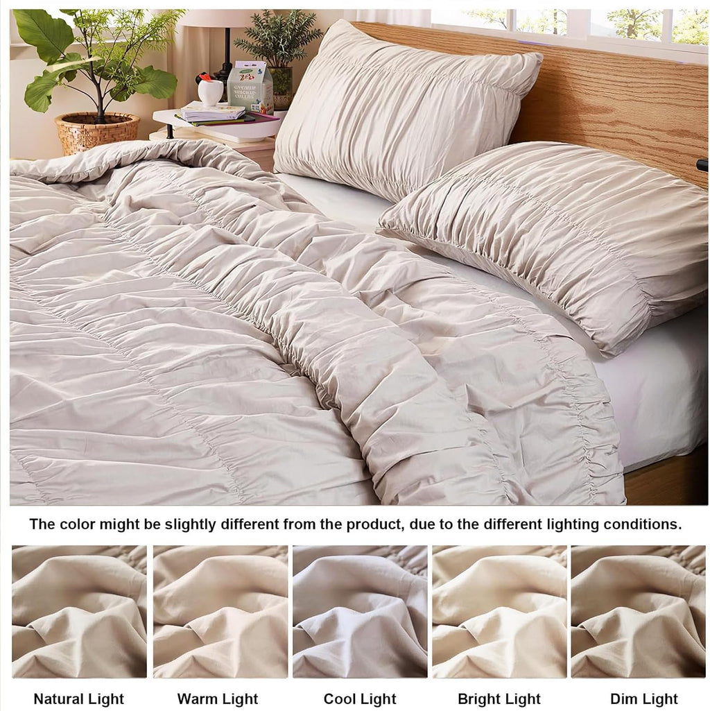 Bedbay Cotton Ruched Comforter for King Size Bed,Breathable Cotton Boho Comforter Set,Shabby Chic Ruffle Bedding Vintage Farmhouse Quilt Set,Soft Durable 3 Pcs Fluffy Comforter Bedroom Decor