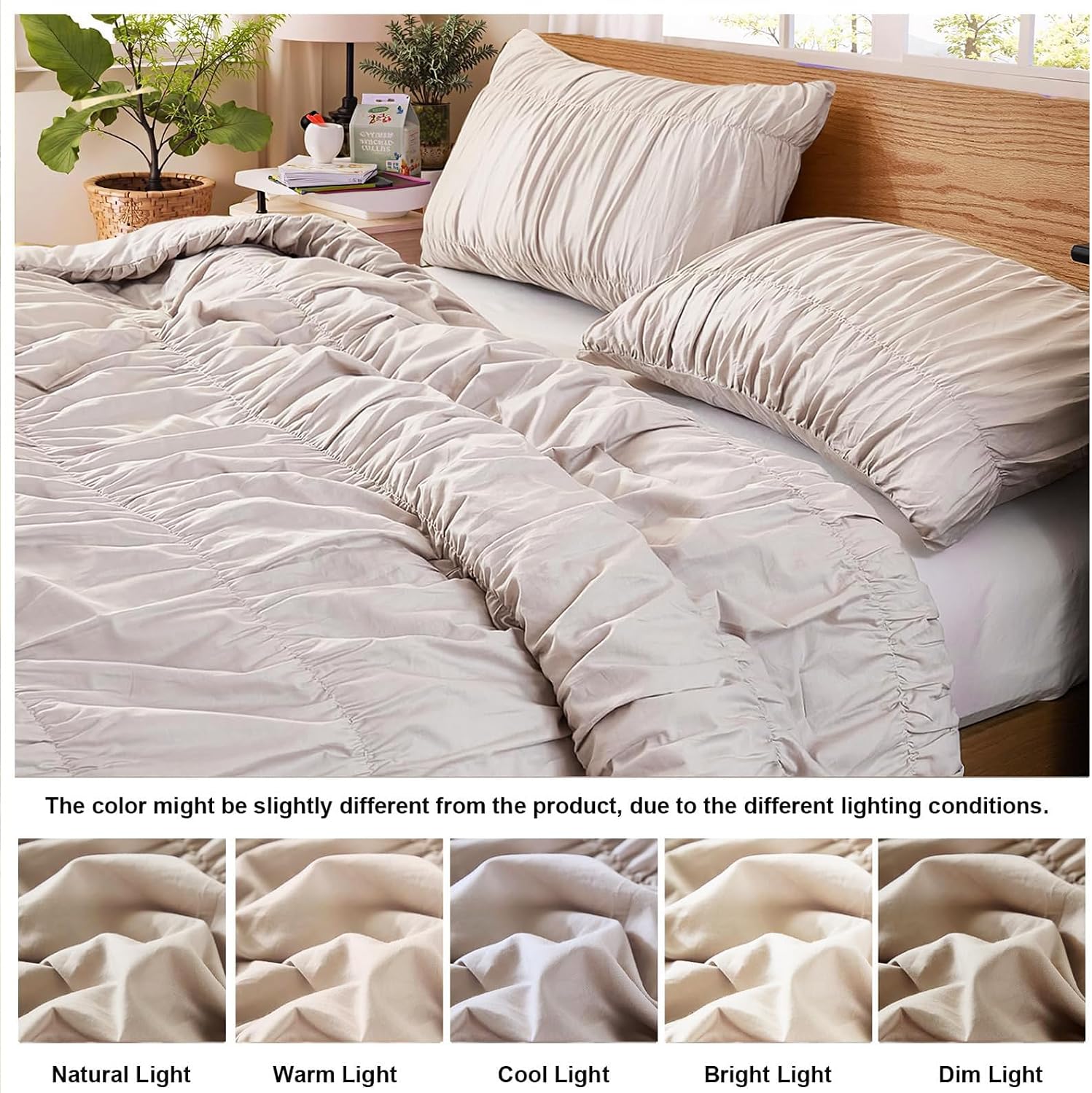 Bedbay Cotton Ruched Comforter for King Size Bed,Breathable Cotton Boho Comforter Set,Shabby Chic Ruffle Bedding Vintage Farmhouse Quilt Set,Soft Durable 3 Pcs Fluffy Comforter Bedroom Decor