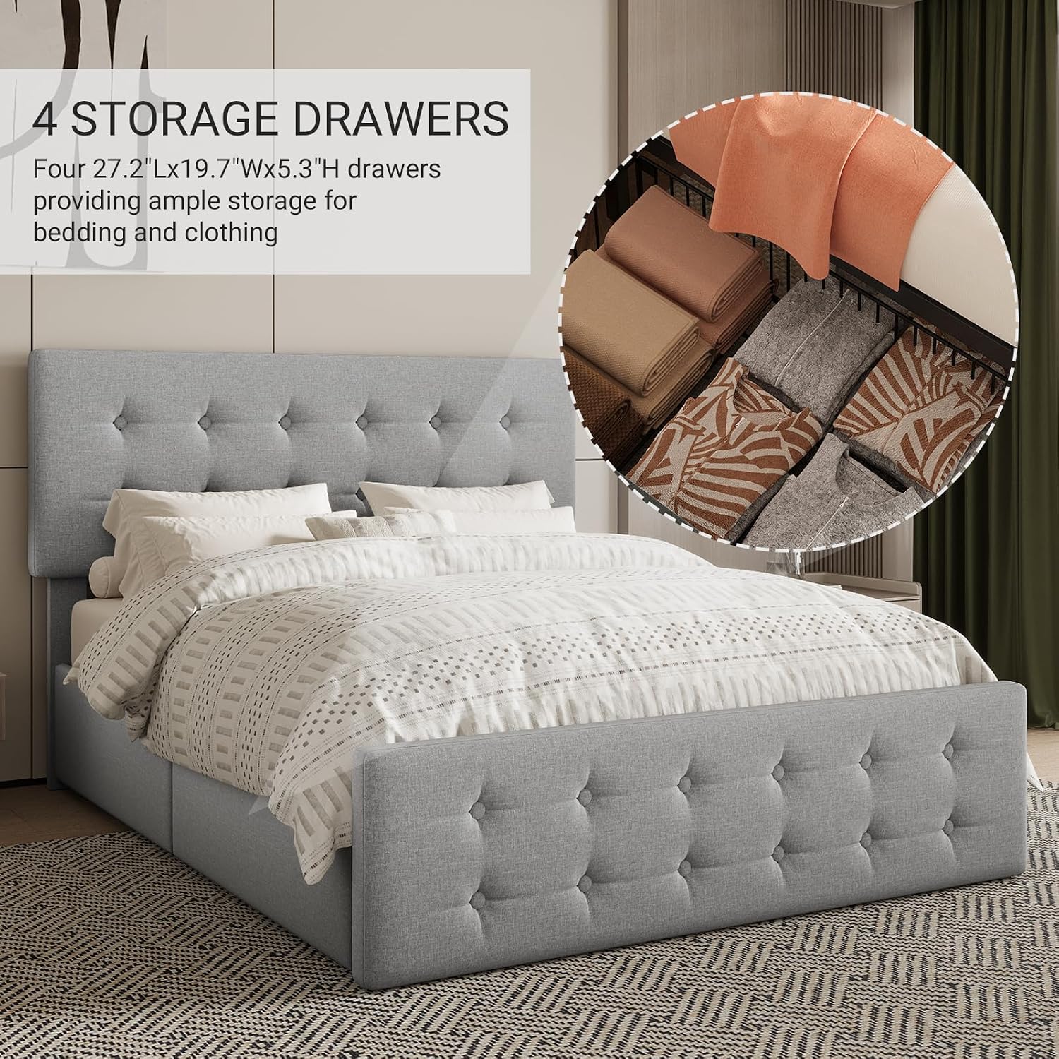 Full Size Platform Bed Frame with 4 Storage Drawers & Headboard, Faux Leather Upholstered, Button Tufted Design, Wooden Slats Support, Noise-Free Mattress Foundation, No Box Spring Needed, Light Grey