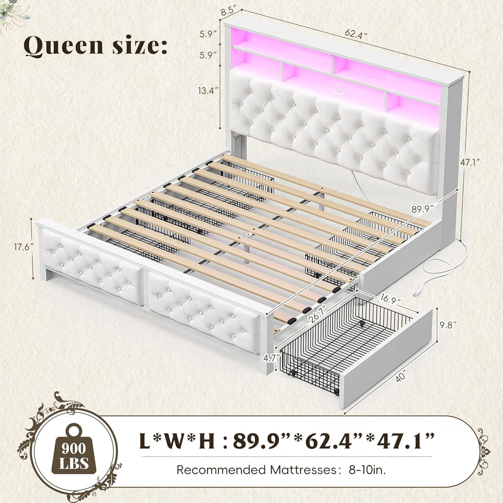 EnHomee Queen Bed Frame with Storage Headboard & 4 Drawers,Wooden Bed Frame Queen Size with Charging Station & LED Lights Upholstered,NO Noise,No Box Spring Needed,Beige