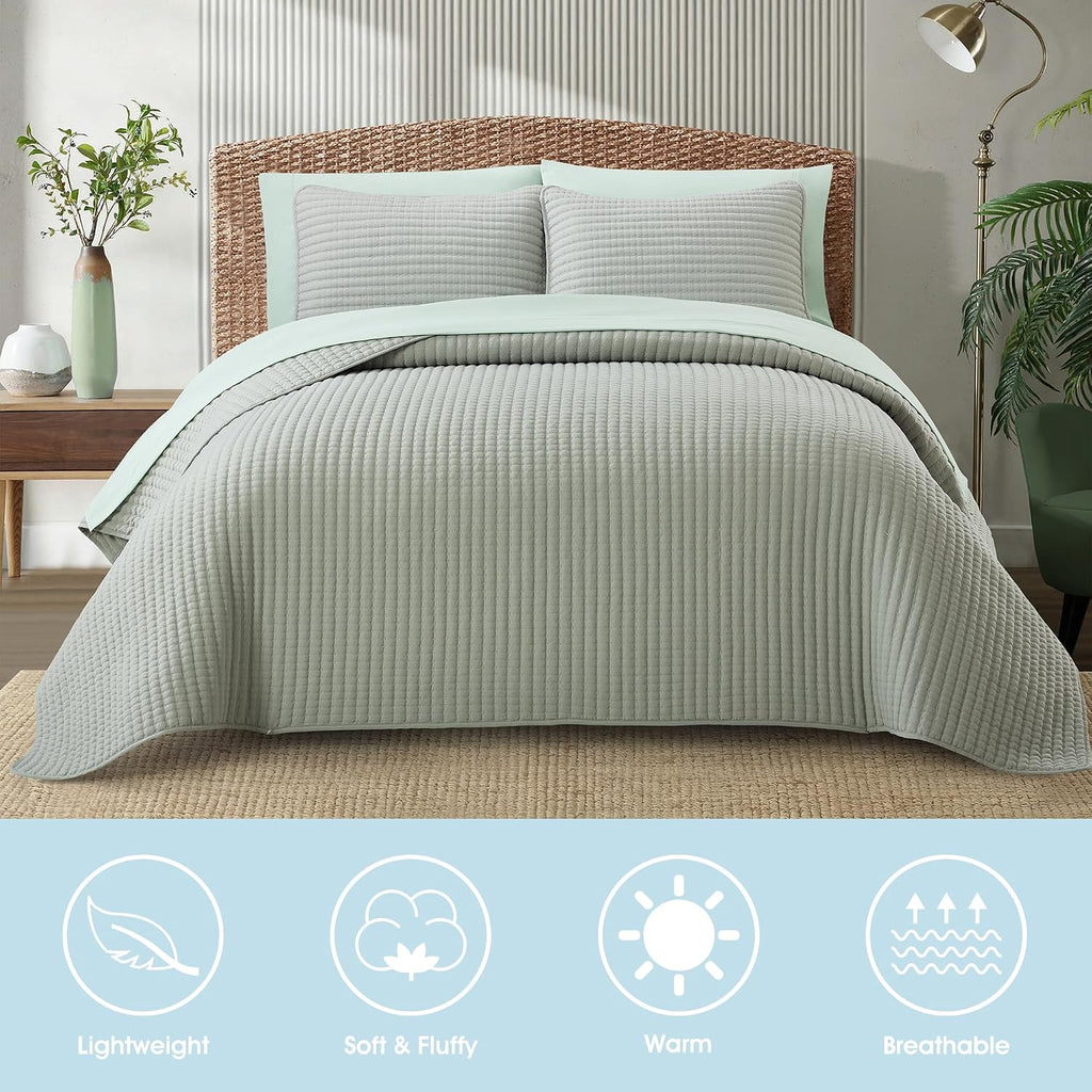 LANCO MODERN LIFESTYLE 7 Piece King Quilt Set, Sage, Microfiber Solid Striped Bedding Set, Soft and Luxury Bed in a Bag, Includes Quilt, Pillow Shams, Flat Sheet, Fitted Sheet, and Pillowcases