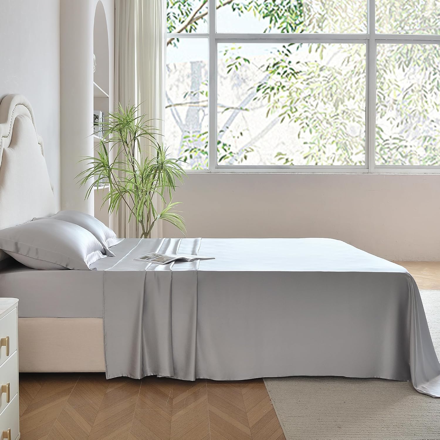 Silk Sheet Set - 100% Mulberry Silk, 19 Momme, Deep Pockets, Ultra Soft Luxury Bedding (Gray, King)