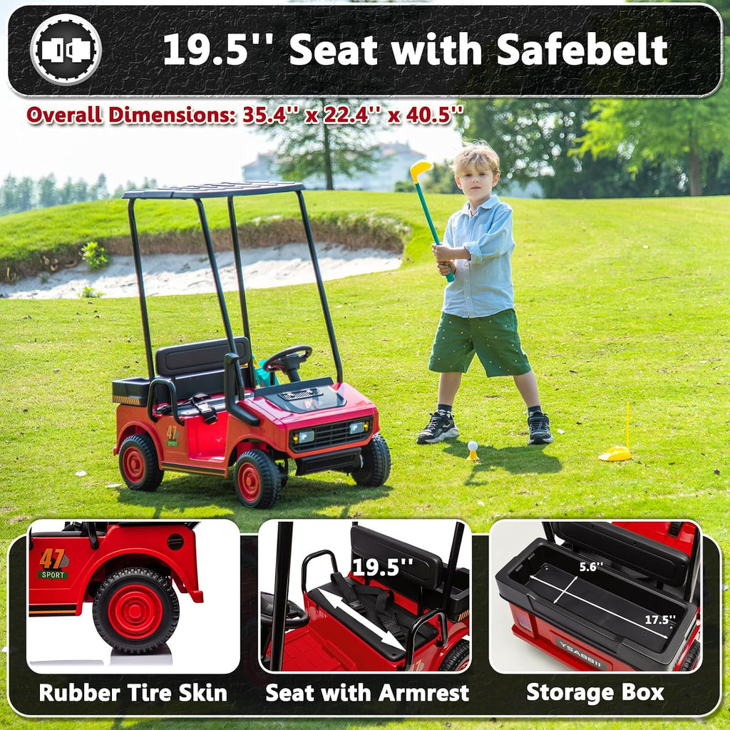 Kids Golf Cart with Remote Control, 2-Seater Ride on Toys for Kids Boys Girls, 12V Battery Powered Electric Vehicle with Plastic Roof, Real Pedal, Music Player (Red)