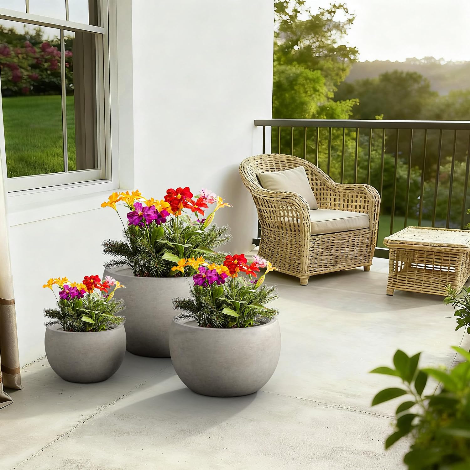 Kante 19.9',15.7',11.8' Dia Round Concrete Planter Set of 3, Outdoor/Indoor Large Bowl Plant Pots with Drainage Hole and Rubber Plug for Garden Patio Balcony Home, Weathered Concrete