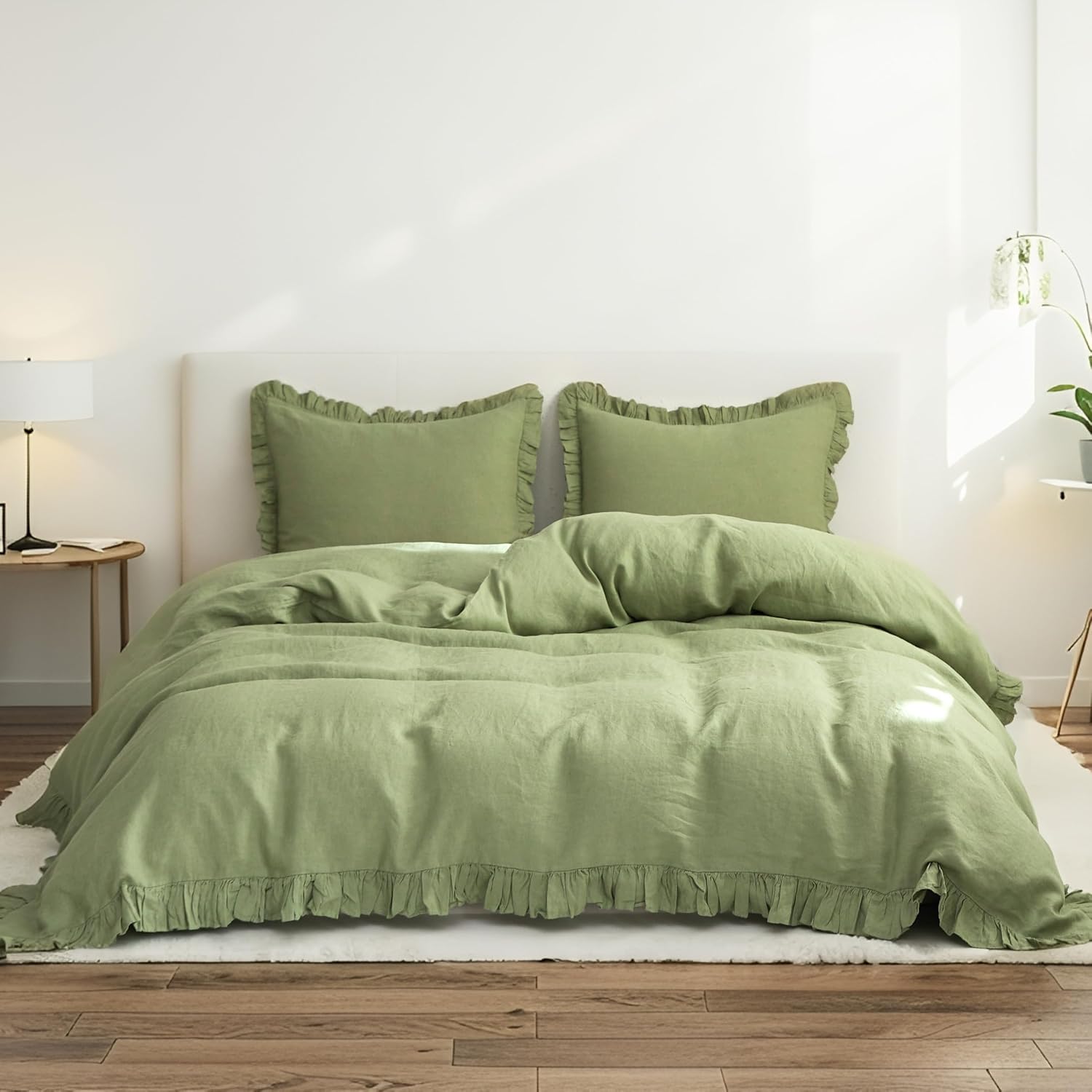 Simple&Opulence 100% Linen Duvet Cover Set, 3 PCS Natural French Flax Sage Green Ruffle Duvet Cover King Size, Breathable Comfy Linen Bedding Comforter Cover with 2 Pillowcases(Sage Green, 104' X 92')