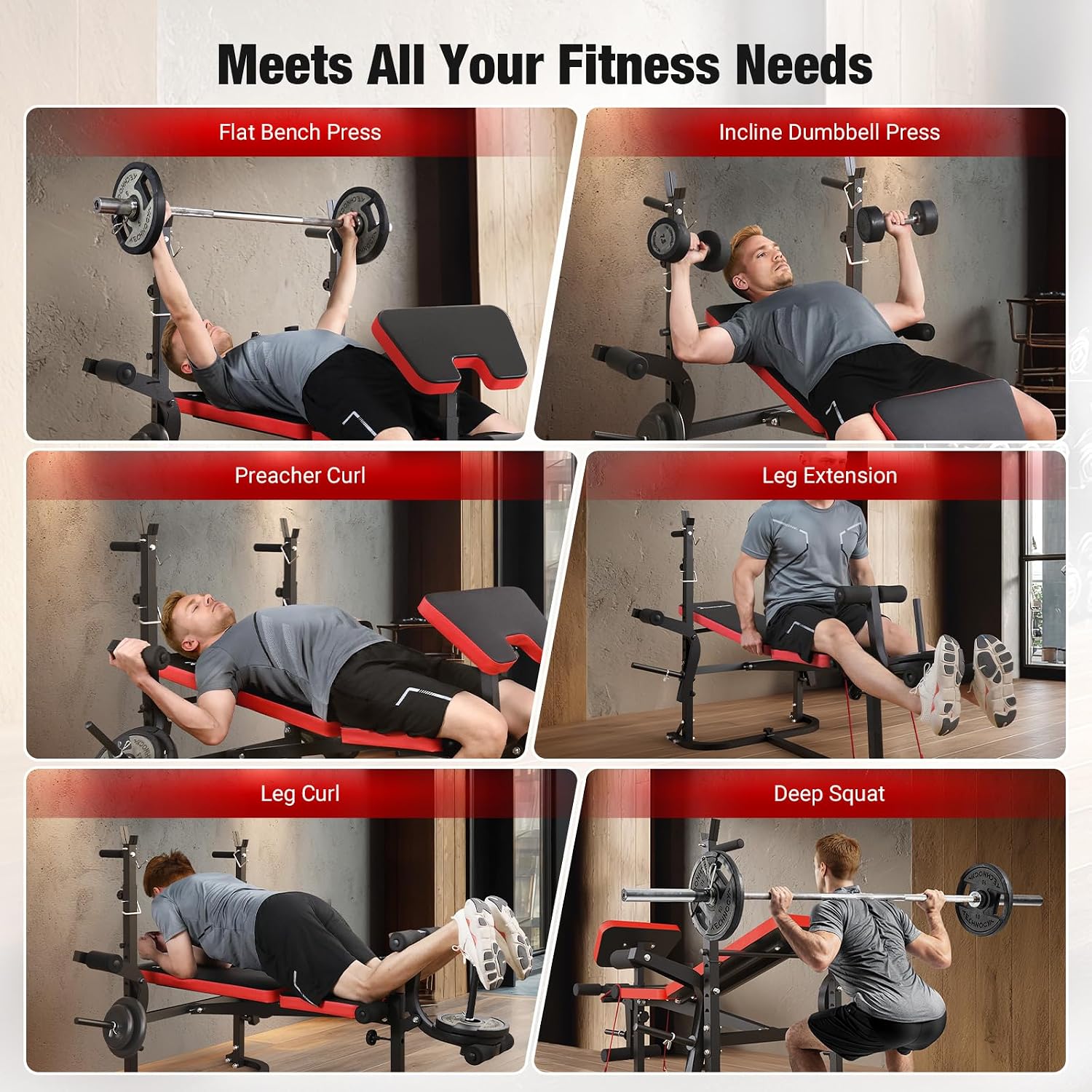 6-in-1 Foldable Weight Bench Set, 1695LBS Adjustable Workout Bench/Barbell Rack/Curl Pad, Bench Press, Leg Extension and Curl machine, Workout Fitness Equipment w/Squat Rack for Home Gym