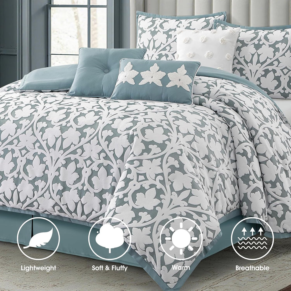 LANCO MODERN LIFESTYLE 7 Pieces Comforter Set, California King, Blue, Jacquard Floral Pattern and Classy Damask Medallion Design, Ultra Soft, Includes Bed Skirt, Shams and Decorative Pillows