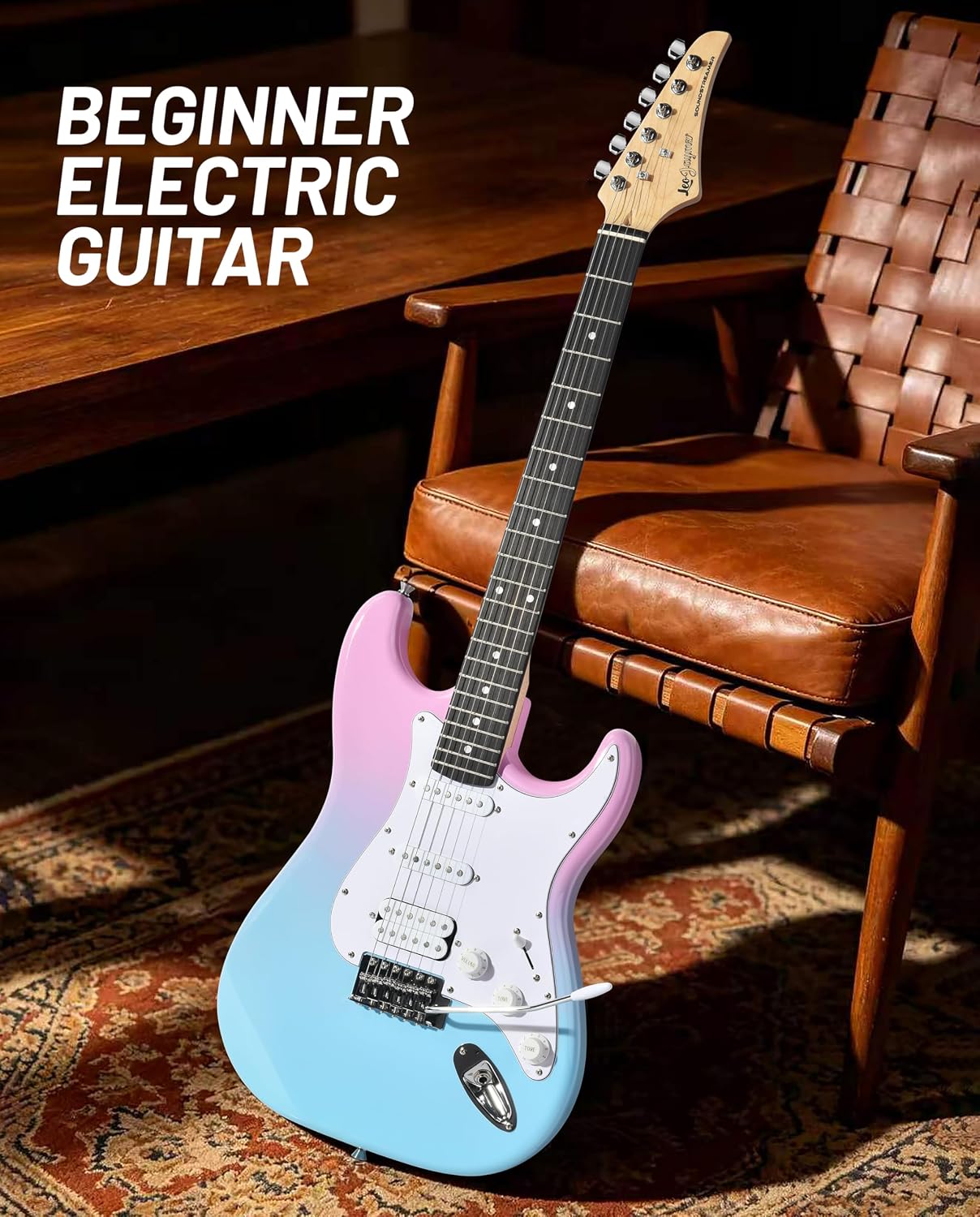 Leo Jaymz Beginner Electric Guitar 39' Kit with Portable Amplifier, Padded Gig Bag, Digital Tuner，Capo，Strap，Picks， HSS Pickups(Pink-Blue Fade-HSS)