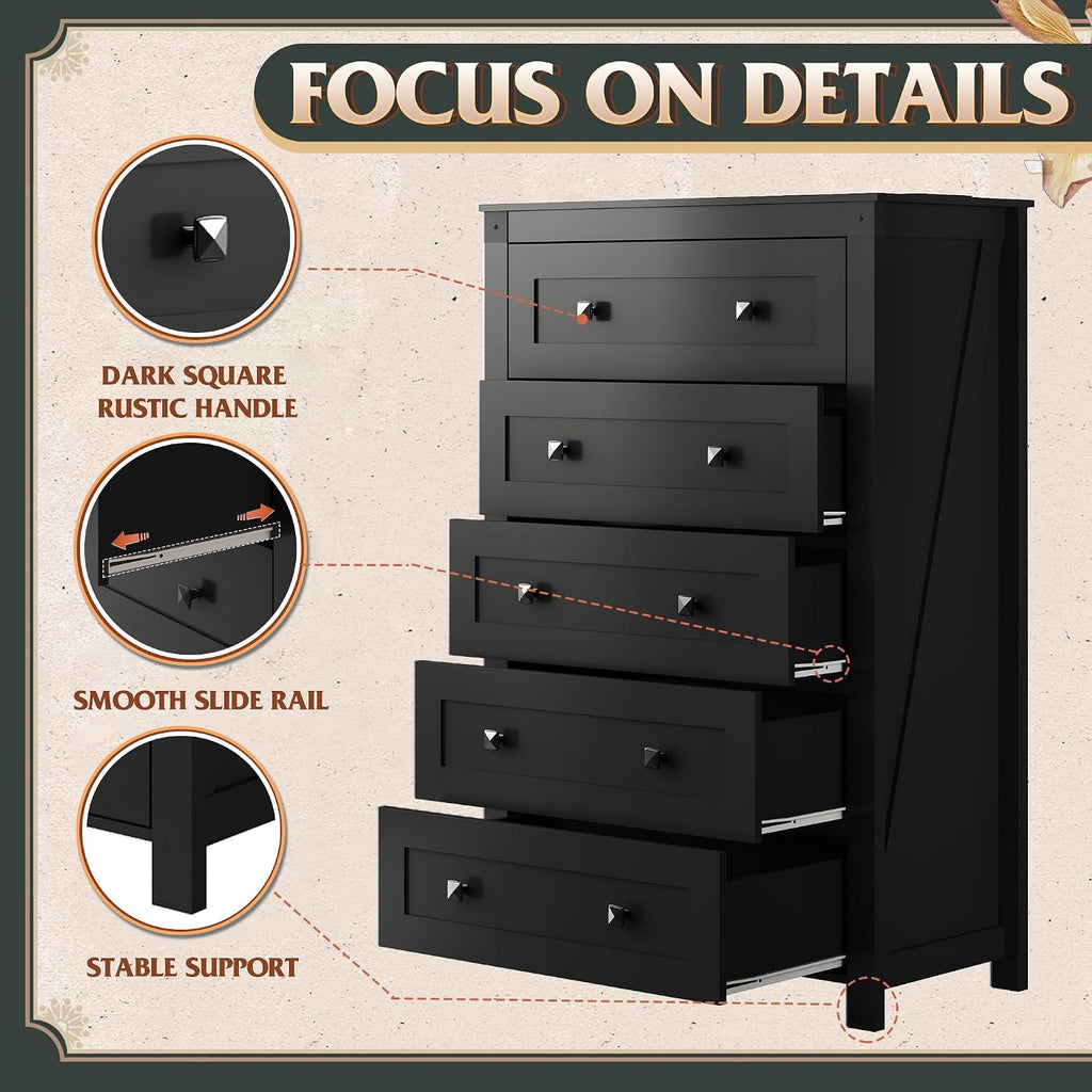 WLIVE Farmhouse Black Dresser for Bedroom, 5 Drawer Dresser Storage Organizer, Tall Wood Dressers with Double Rustic Handle, Chest of Drawers for Living Room, Hallway, Closet