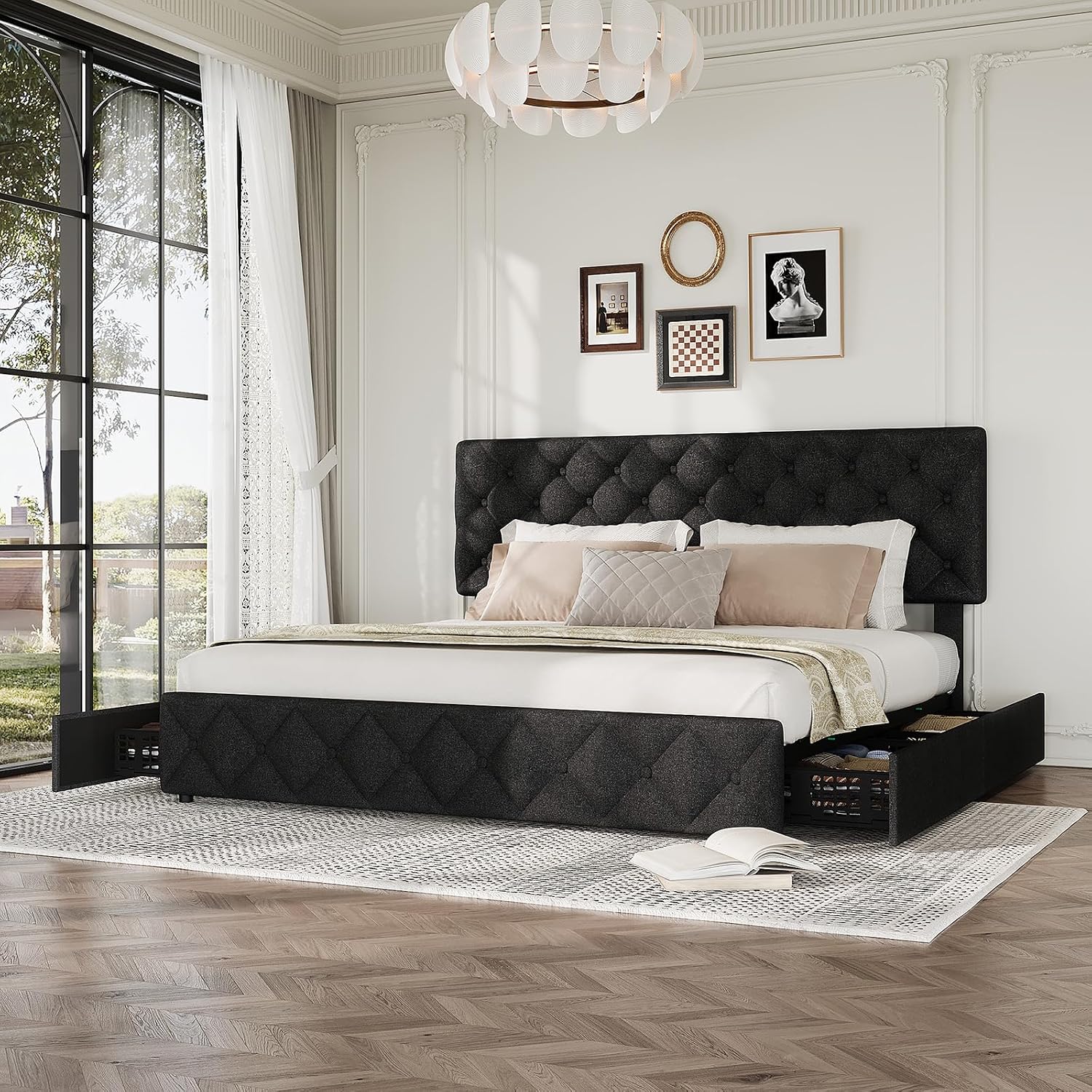 King Size Bed Frame with 4 Storage Drawers & Headboard, Linen Upholstered Platform Bed Frame, Stylish Diamond Tufted Design, No Box Spring Needed | Black