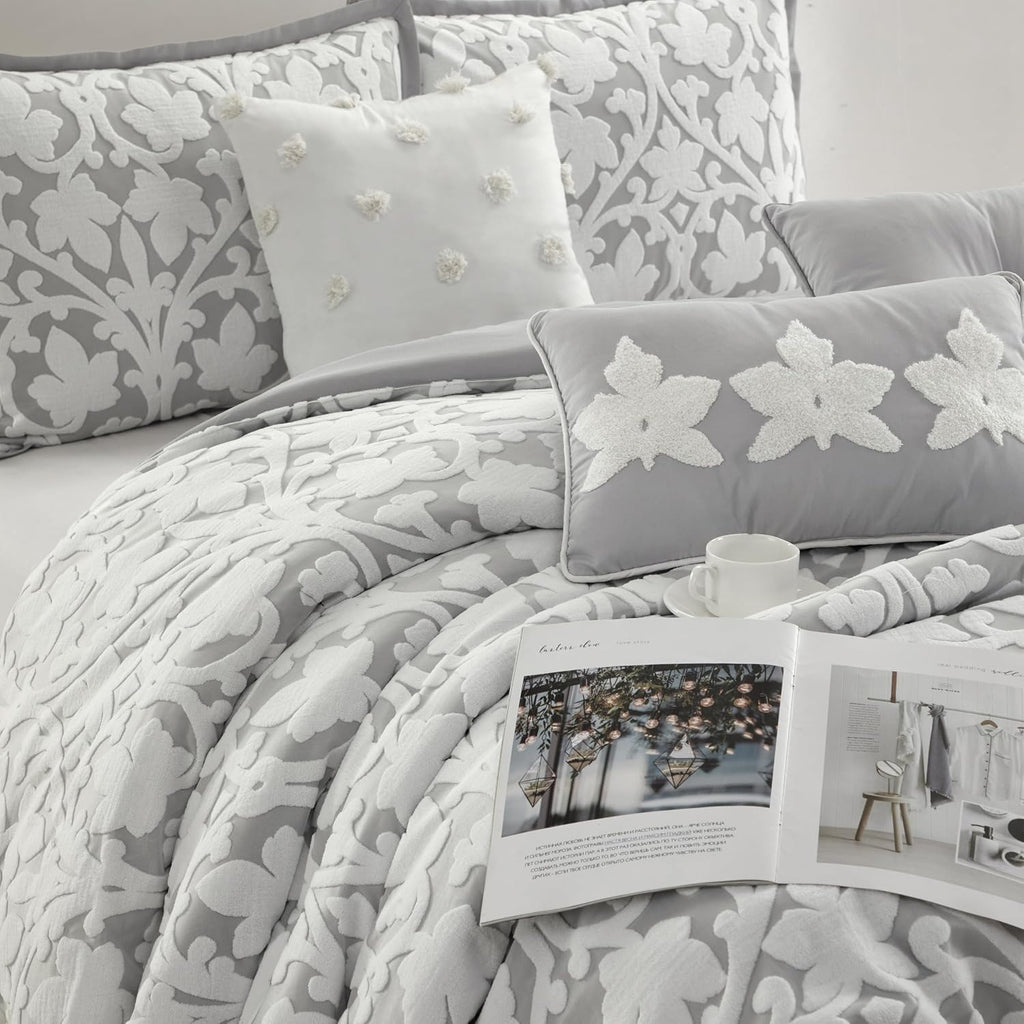 Grand Avenue 7 Piece White Grey Comforter Set, King Size Jacquard Bedding Set, All Season Floral Leaves Bedding, Matching Pillows, Shams, Bed Skirt