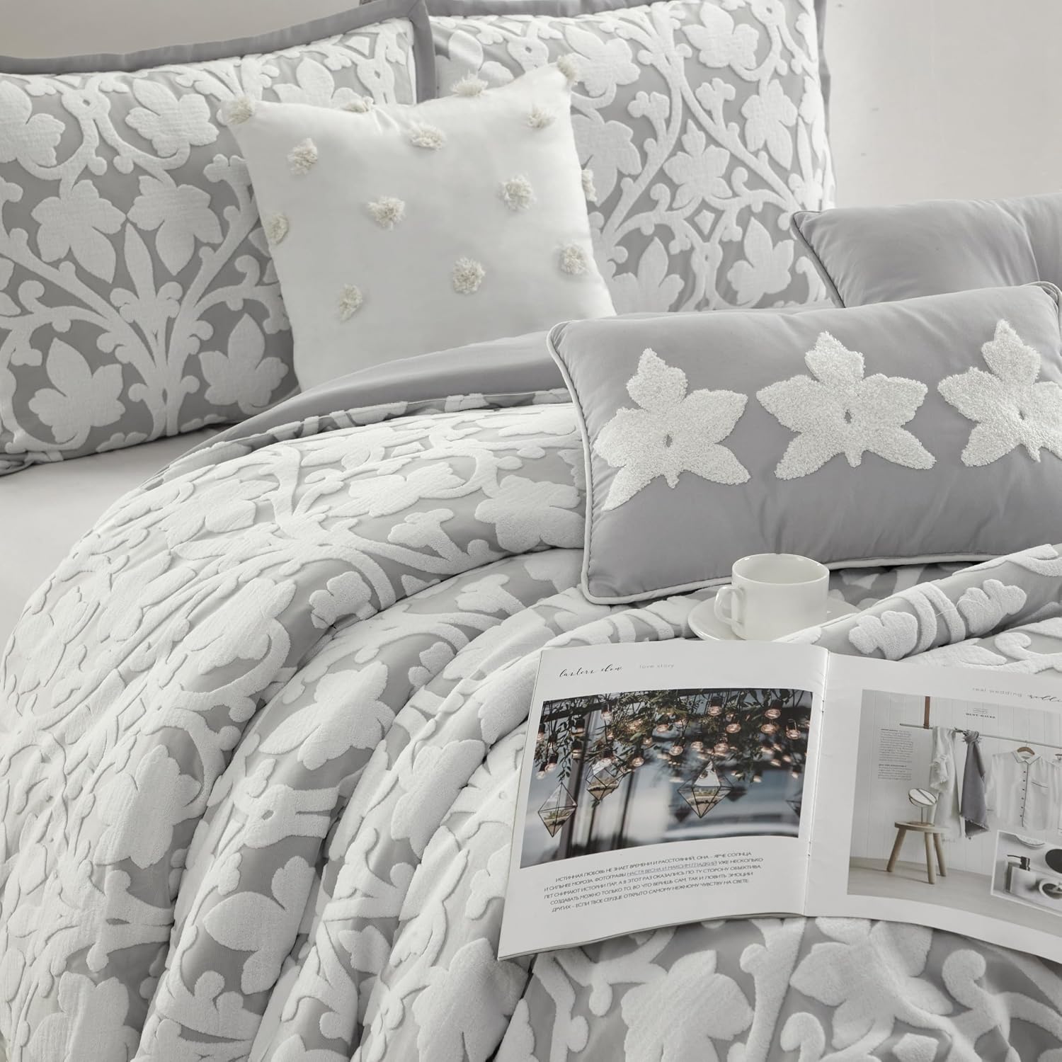 Grand Avenue 7 Piece White Grey Comforter Set, King Size Jacquard Bedding Set, All Season Floral Leaves Bedding, Matching Pillows, Shams, Bed Skirt