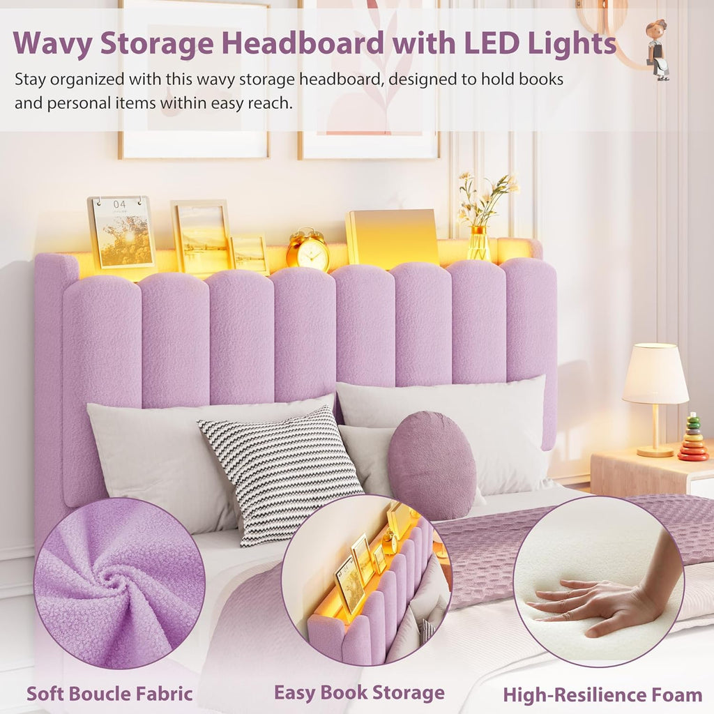 Garvee LED Full Size Bed Frame with Storage Headboard, Kids Bed Frame with 2 Drawers, Boucle Upholstered Platform Bed for Girls, Chic Wavy Headboard with Bookcase, No Box Spring Needed, Purple