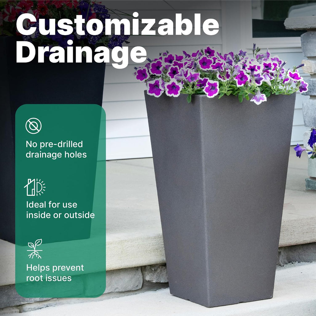 Step2 Tremont Tall Square Tapered Planter, 28' 2-Pack, Indoor/Outdoor Plants, Efficient Drainage, Durable Resin, Dark Cedar