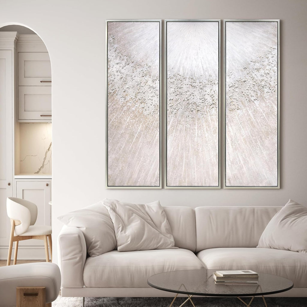 Empire Art Direct Silver Radiant Trio Textured Glitter Hand Painted Framed Canvas Wall Art with Silver Leaf, Ready to Hang, Living Room, Bedroom & Office, 20'x60'x1.5' each