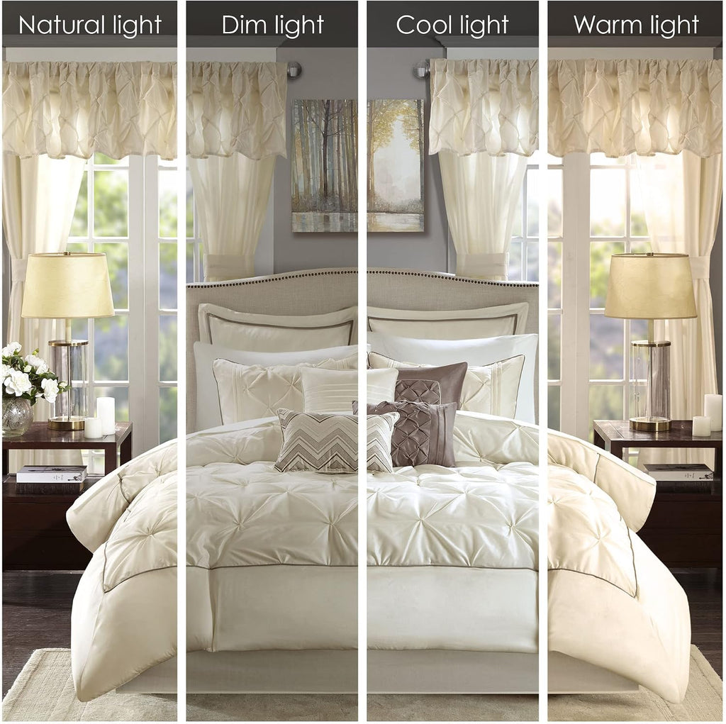 Madison Park Essentials Room in a Bag Faux Silk Comforter Set - Luxe Diamond Tufting All Season Bedding, Matching Curtains, Decorative Pillows, Ivory Cal King(104'x92') 24 Piece