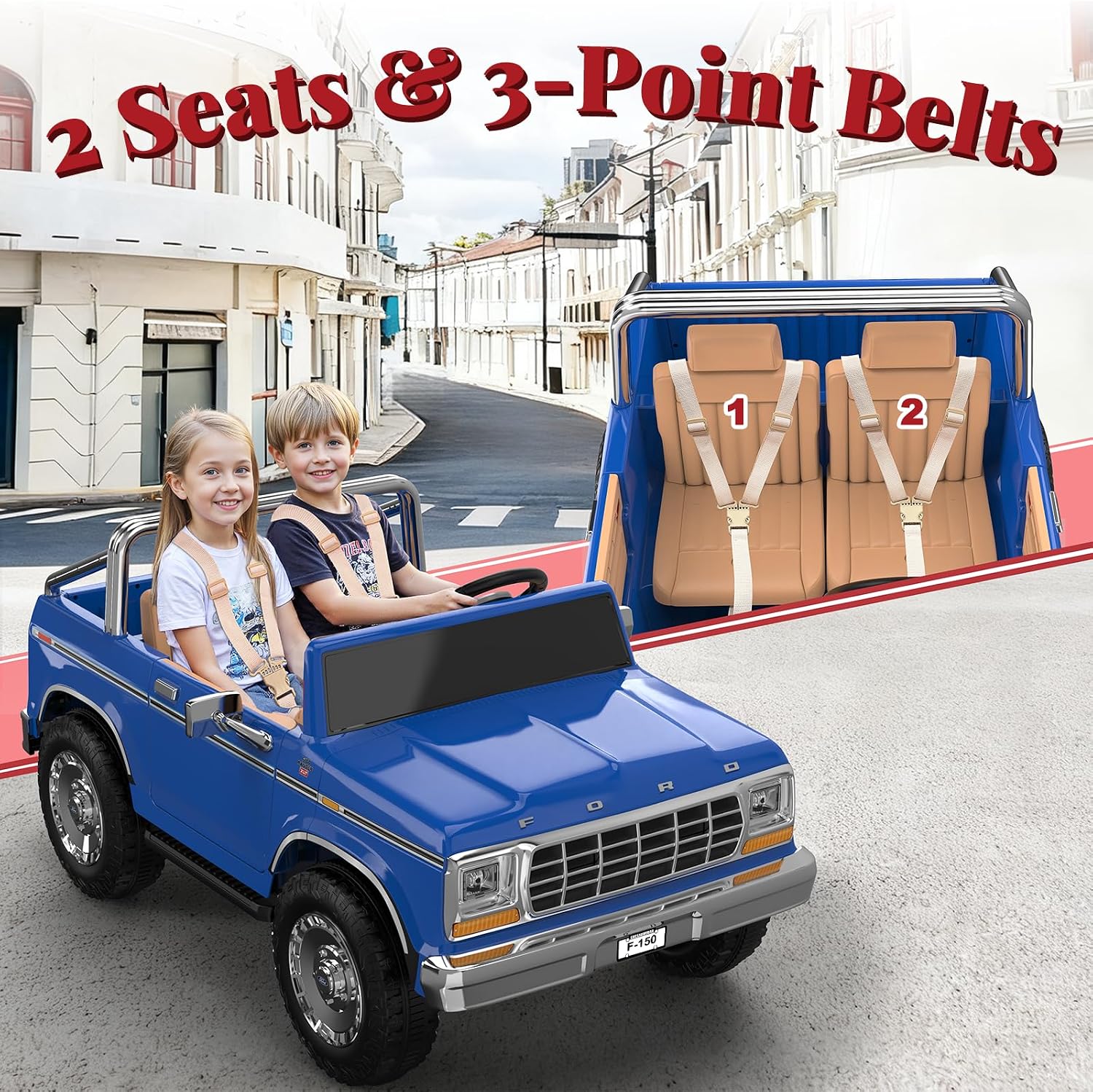 ANPABO Licensed Ford F-150 24V 2 Seater Ride on Car for Kids, 4x100W Motors for All-Terrain Electric Car w/Parental Remote, Retro Style, 3-Speeds, Large Storage Box, Music Player, Aged 3-8, Dark Blue