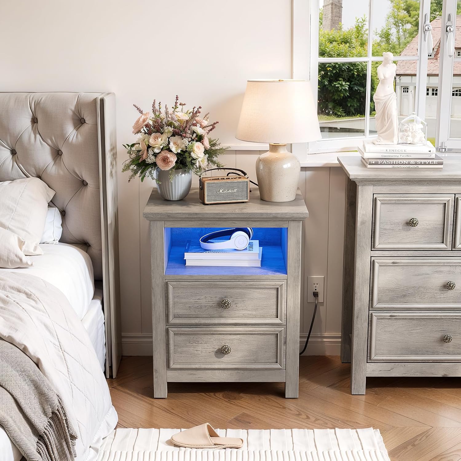 Set of 2 Nightstand with Charger Station Strip Lights,20' W Night Stand with Drawers for Bedroom, Large Accent Bed Side Table and End Table with Open Compartment-Easy Pull Handle, Textured Border,Gray