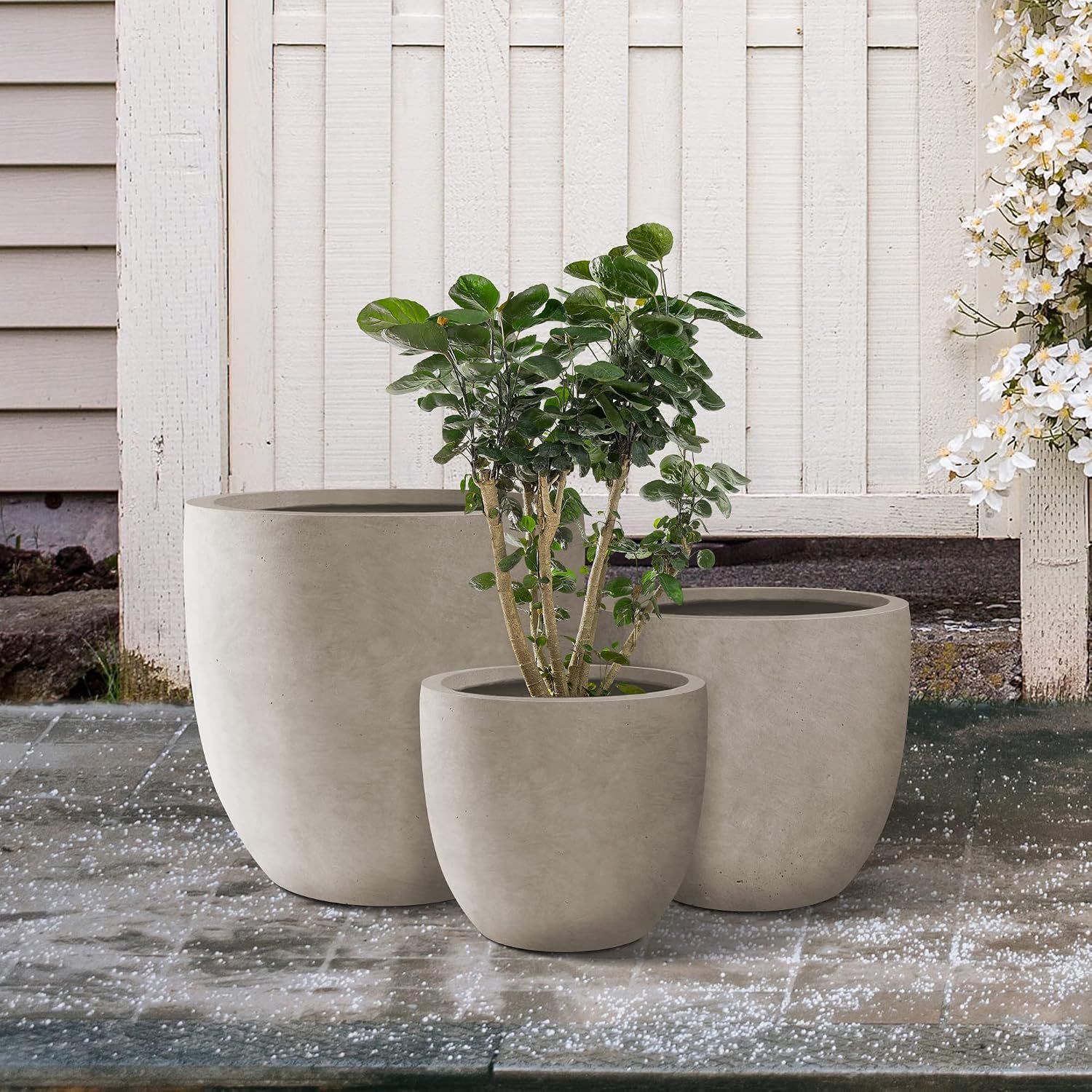 Kante 18',14',10' Dia Concrete Round Planters (Set of 3), Outdoor Indoor Large Planter Pots with Drainage Hole and Rubber Plug for Home Patio Garden, Weathered Concrete