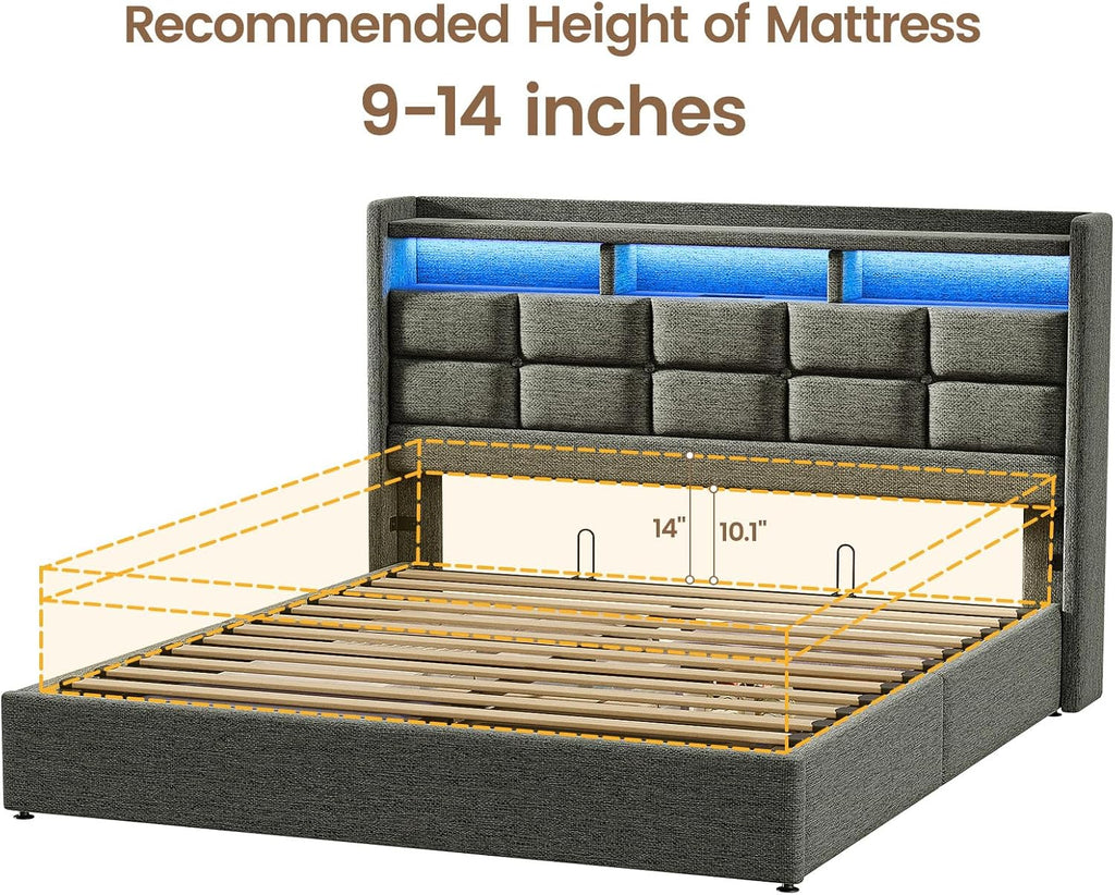 Driftalia Lift Up Full Size Bed Frame with Storage, Upholstered Full Bed Frame with LED Lights Headboard and Charging Station, No Box Spring Needed, Easy Assembly - Dark Grey