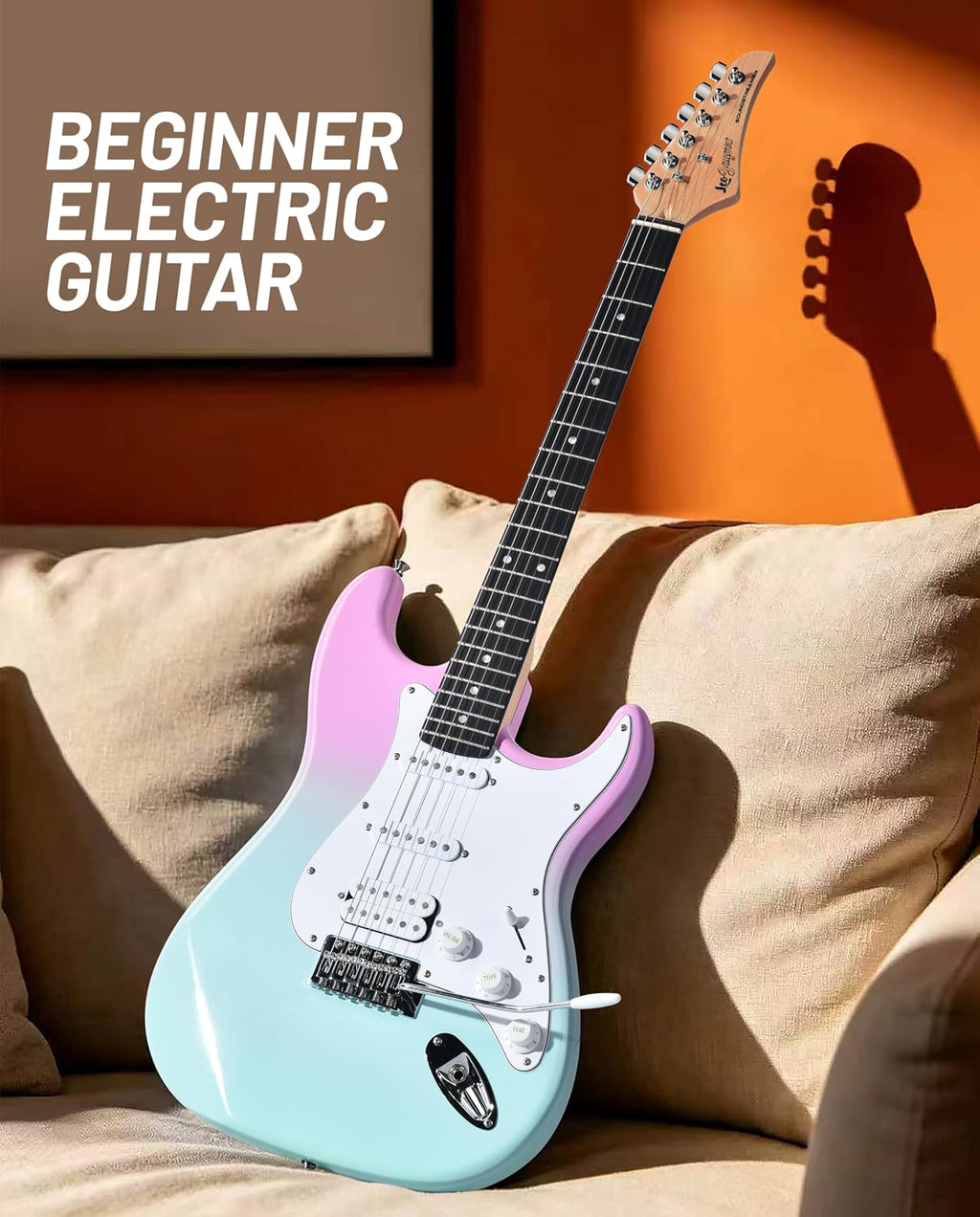 Leo Jaymz Beginner Electric Guitar 39' Kit with Portable Amplifier, Padded Gig Bag, Digital Tuner，Capo，Strap，Picks，HSS Pickups (Pink-Cyan Fade-HSS)