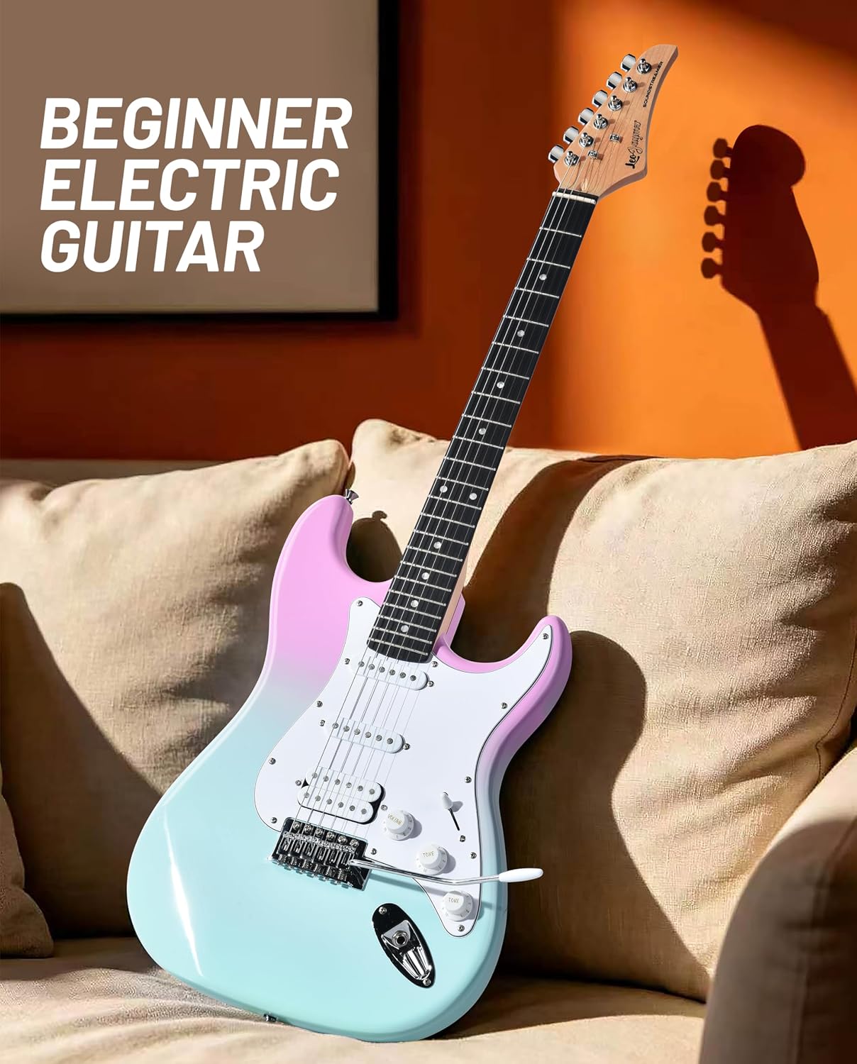 Leo Jaymz Beginner Electric Guitar 39' Kit with Portable Amplifier, Padded Gig Bag, Digital Tuner，Capo，Strap，Picks，HSS Pickups (Pink-Cyan Fade-HSS)
