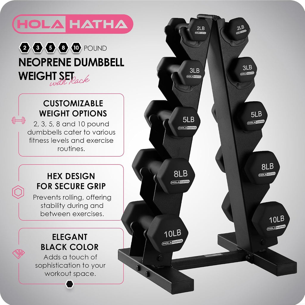 HolaHatha Neoprene Dumbbell Weights Set w/Rack, Home Gym Equipment - Portable Weighted Exercise Dumbbells for Fitness, Training, and Lifting Workouts