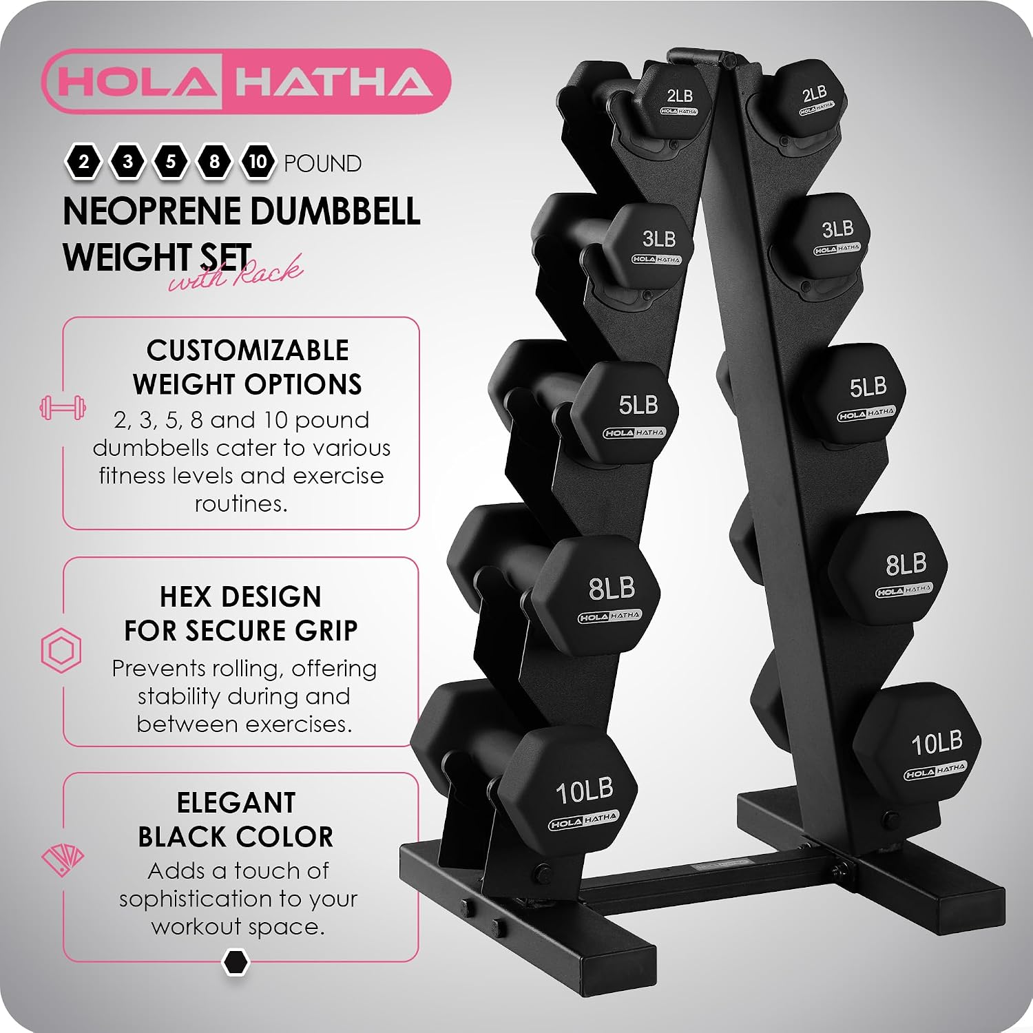 HolaHatha Neoprene Dumbbell Weights Set w/Rack, Home Gym Equipment - Portable Weighted Exercise Dumbbells for Fitness, Training, and Lifting Workouts
