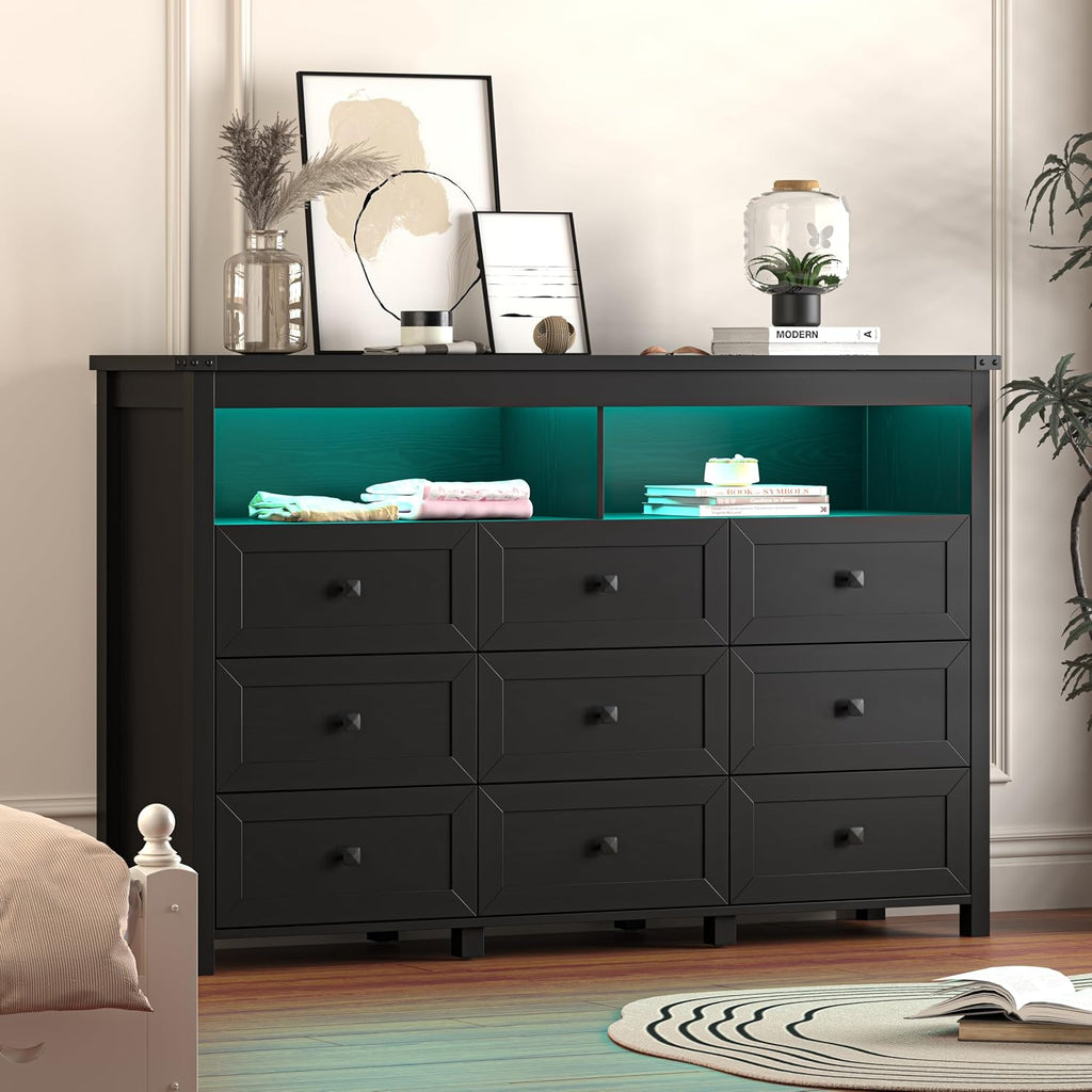 Dresser for Bedroom with 9 Drawers, Wide Modern Chest of Drawers with LED Light and Power Outlet, Wooden Closet Organizer Clothes Storage Cabinet, Double Dressers for Living Room, Hallway, Black
