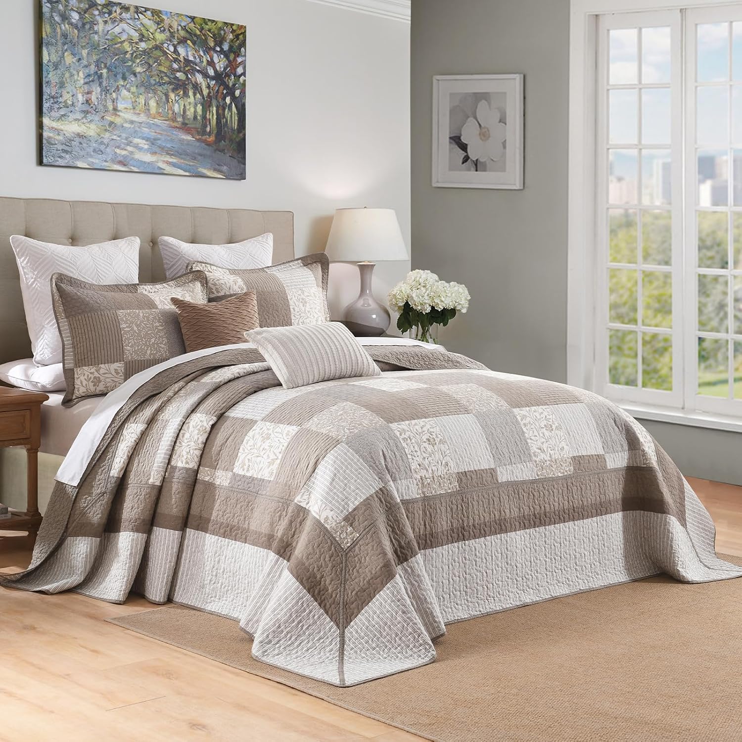 Plaid Bedspread 128'x120' Oversized California King Bedspread, 100% Cotton XL Oversized King Quilt, Lightweight Farmhouse Quilted Bedspreads Coverlet Set, Gray/Beige/Brown, 3 Pcs