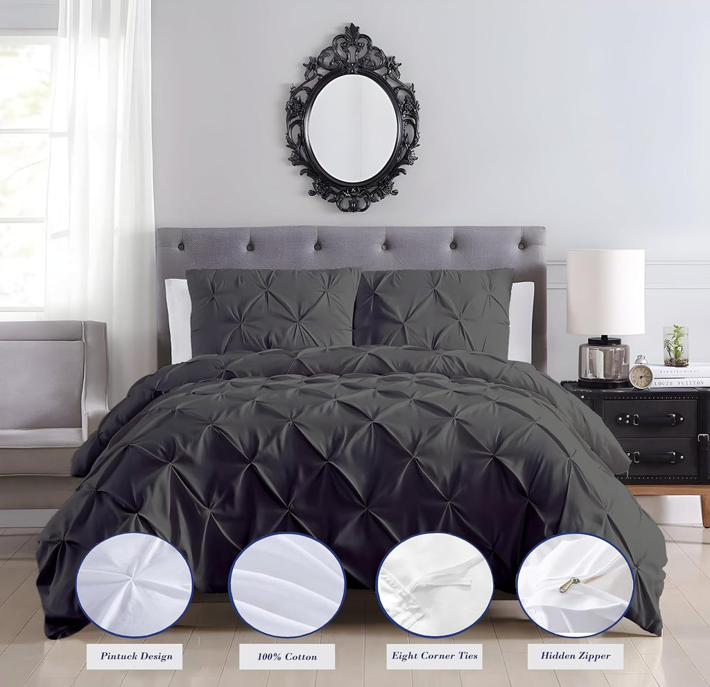 Luxury Dark Gray Pinch Pleated Pintuck Duvet Cover Set Oversized King Plus 120'x128' Size Egyptian Cotton Luxury Soft & Breathable Comforter Cover with Corner Ties & Zipper Closure