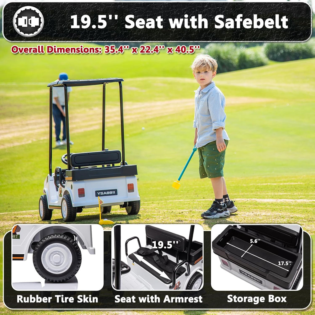 12V 7AH Golf Cart for Kids Boys Girls, Battery Powered Ride on Toys with Parent Remote Control, 2 Seater Ride on Golf Cart with Plastic Roof, Real Pedal, Music Player, Horn (White)