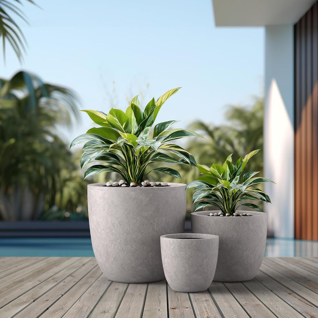 Kante 18',14',10' Dia Concrete Round Planters (Set of 3), Outdoor Indoor Large Planter Pots with Drainage Hole and Rubber Plug for Home Patio Garden, Light Gray
