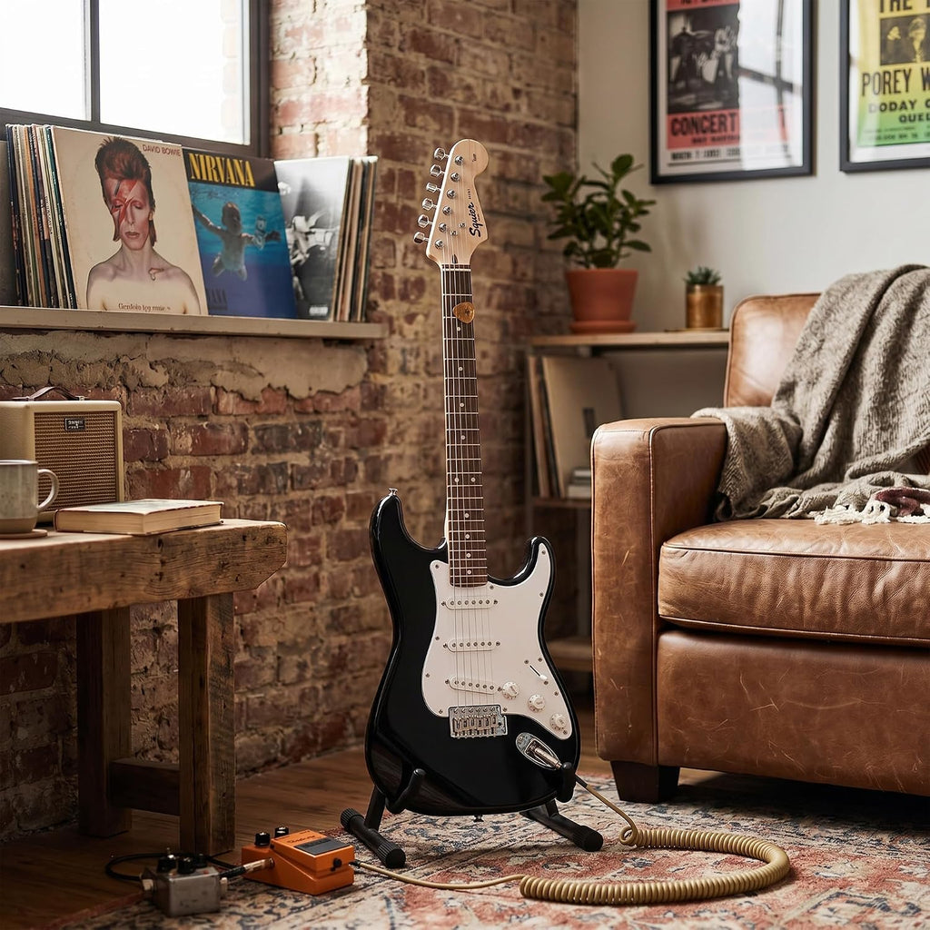 Fender Squier 3/4-Size Left-Handed Kids Mini Strat Electric Guitar - Black Bundle with Amplifier, Instrument Cable, Tuner, Strap, Picks, and Austin Bazaar Instructional DVD