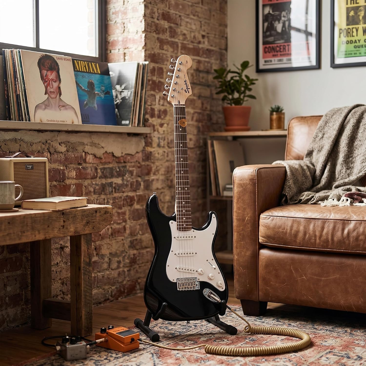 Fender Squier 3/4-Size Left-Handed Kids Mini Strat Electric Guitar - Black Bundle with Amplifier, Instrument Cable, Tuner, Strap, Picks, and Austin Bazaar Instructional DVD