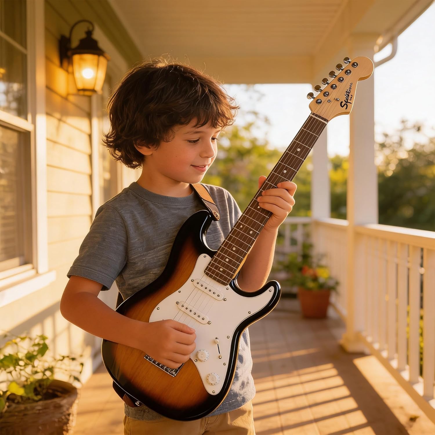 Fender Squier 3/4-Size Kids Mini Strat Electric Guitar - Sunburst Bundle with Amplifier, Cable, Tuner, Strap, Picks, and Austin Bazaar Instructional DVD