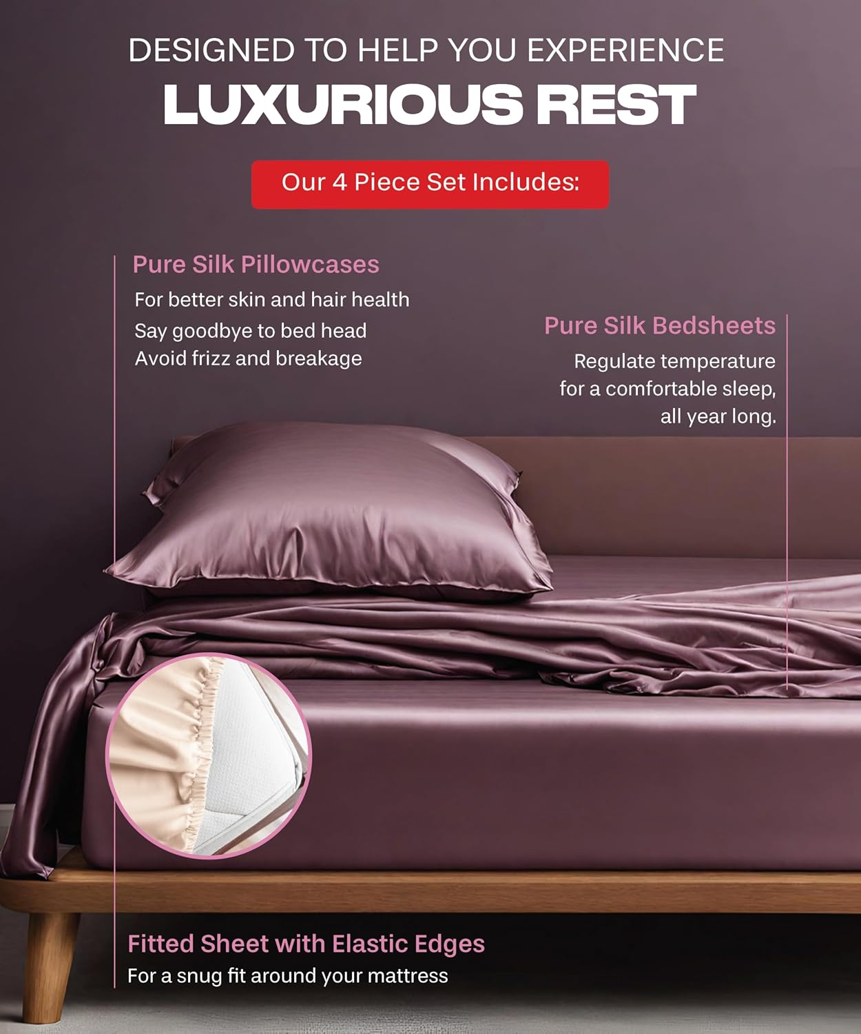 Colorado Home Co SUNDAYSILKS | Mulberry Silk Bed Sheets | 4PC Queen Set | Natural Bedding | Soft & Durable | Grade 6A Organic Real Silk [Deep Mauve]
