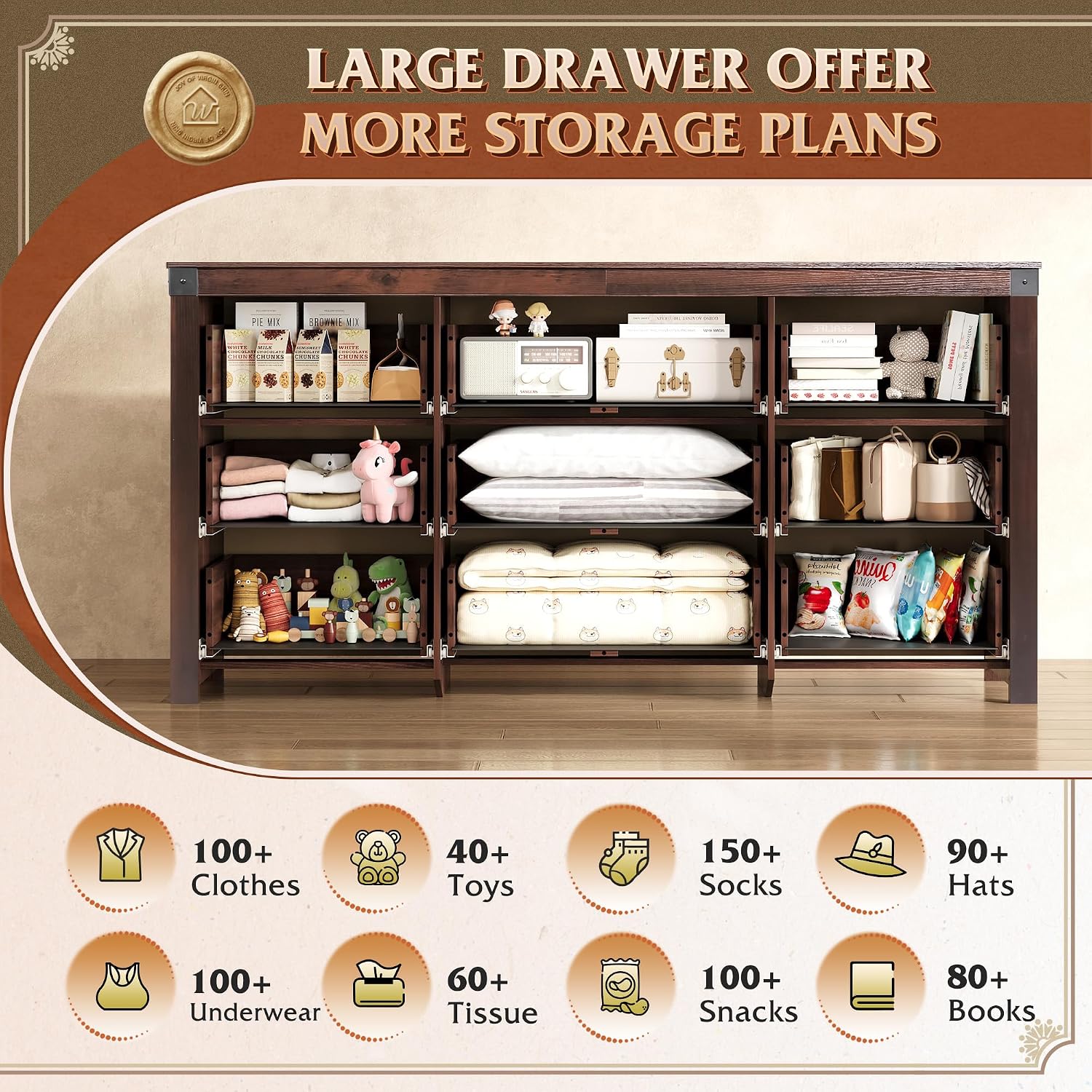 WLIVE Farmhouse Dresser for Bedroom, 63' Wide 9 Drawer Dresser Storage Organizer, Wood Chest of Drawers for Bedroom, TV Stand for 70 inch TV for Living Room, Hallway, Ball Bearing Slide (Brown)