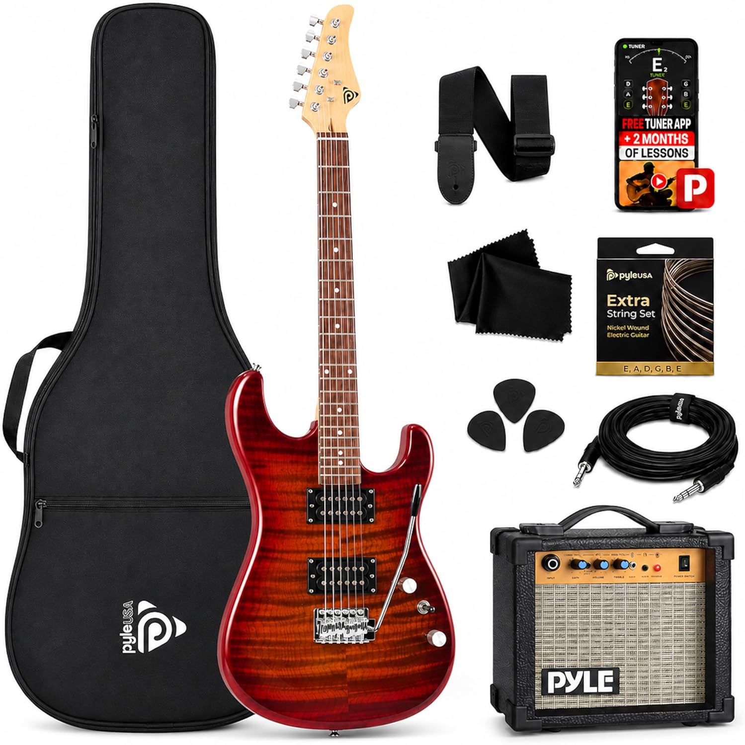 Pyle Electric Guitar Kit with Amp, Full Size Instrument with Humbucker Pickups, Guitarra Electrica Amplifier and Beginner Bundle Accessories, 39' Red