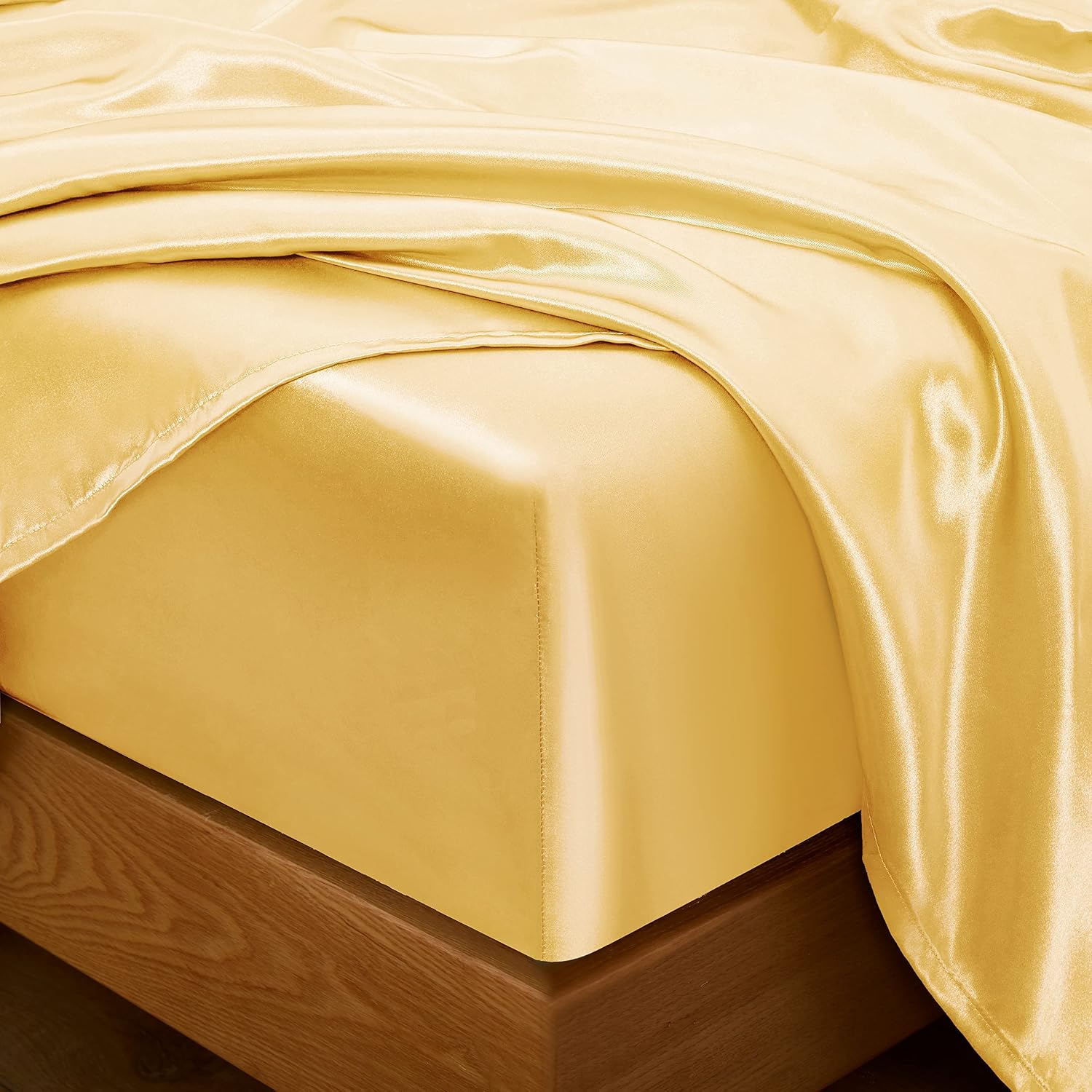 16 Momme 100% Mulberry Silk Bedding Set Full XL Size 4-Piece Luxury (2 Pillowcases, 1 Fitted Sheet, 1 Flat Sheet) - 6A Grade Natural Silk Fits 22-25' Deep Pocket (Solid, Gold)