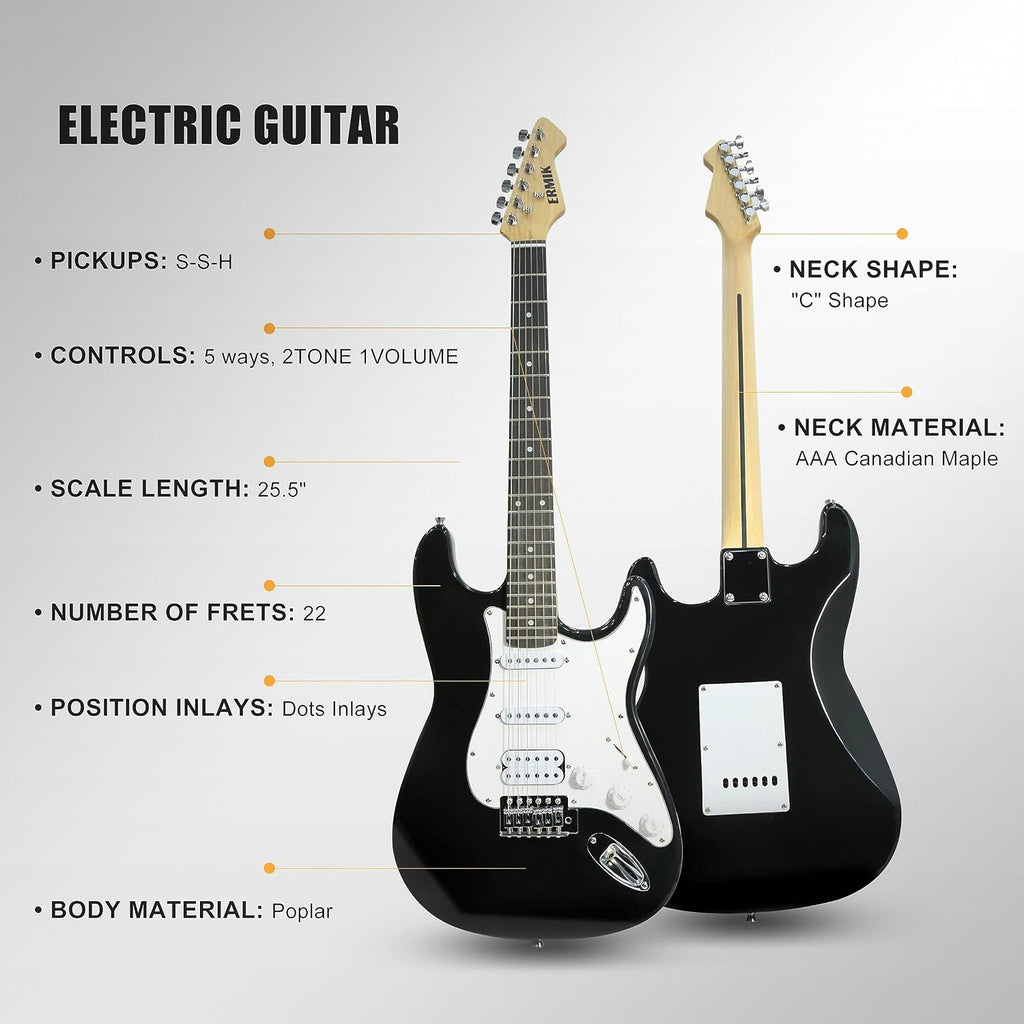 Ermik Solid Body Electric Guitar Kit with Amp 20W, Strings, Strap, Digital Tuner, Picks, Gig Bag, Cable, Tremolo Bar, 39' Full Size Guitar HSS Pickups Guitarra Electrica Beginner Gift - Black